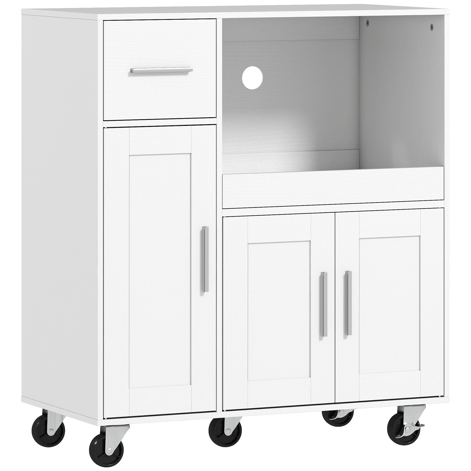 Rolling Kitchen Cart, Microwave Cabinet with Sliding Tray, Drawer, 3-Door Cupboards, Adjustable Shelf, White