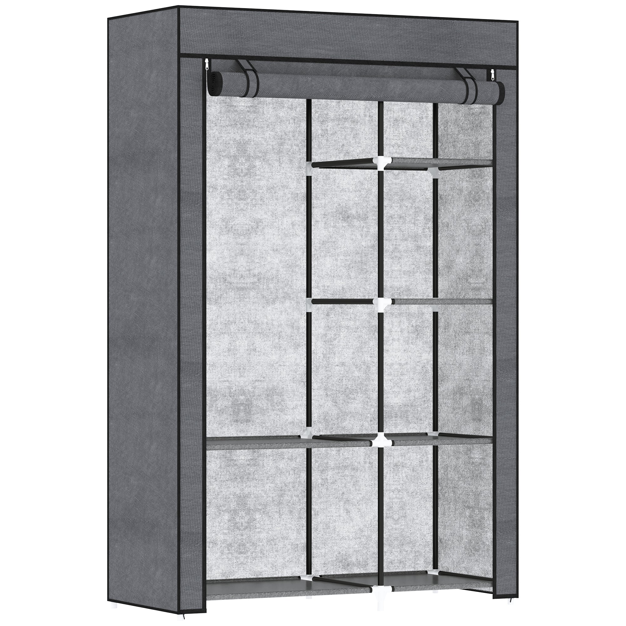 Rail and Six Shelf Fabric Wardrobe with Strong Steel Frame - Dark Grey