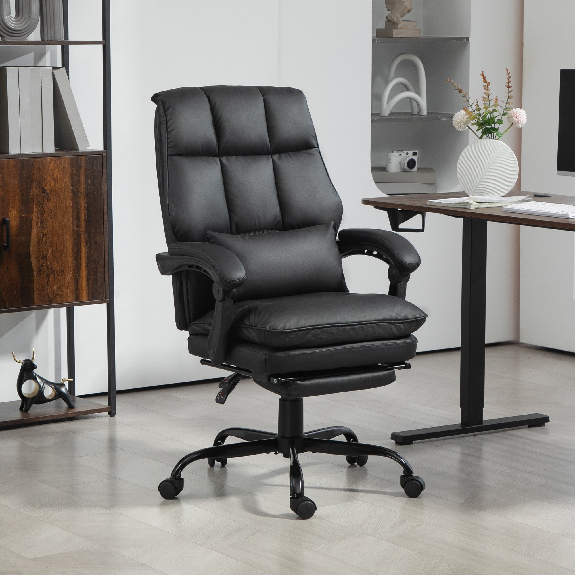 Faux Leather Reclining Office Chair, with Footrest - Black