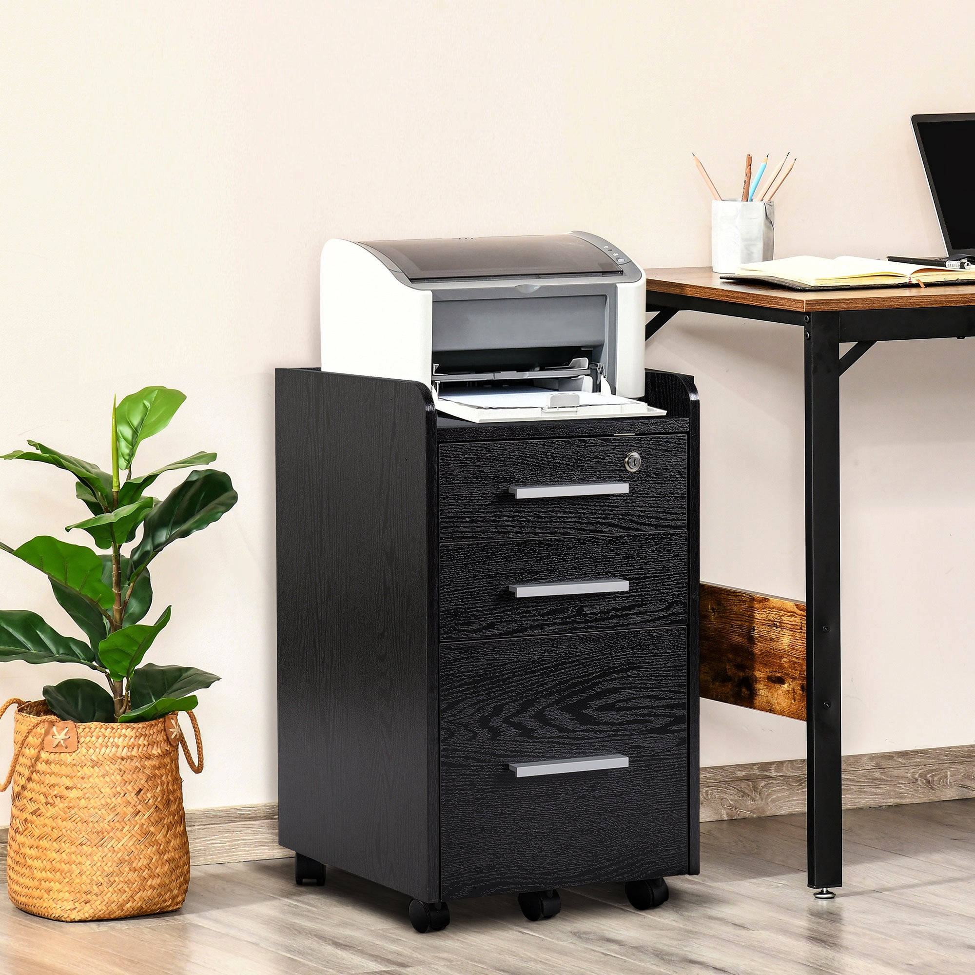 Three-Drawer Lockable Filing Cabinet with Wheels and Wood-Effect Finish - Black