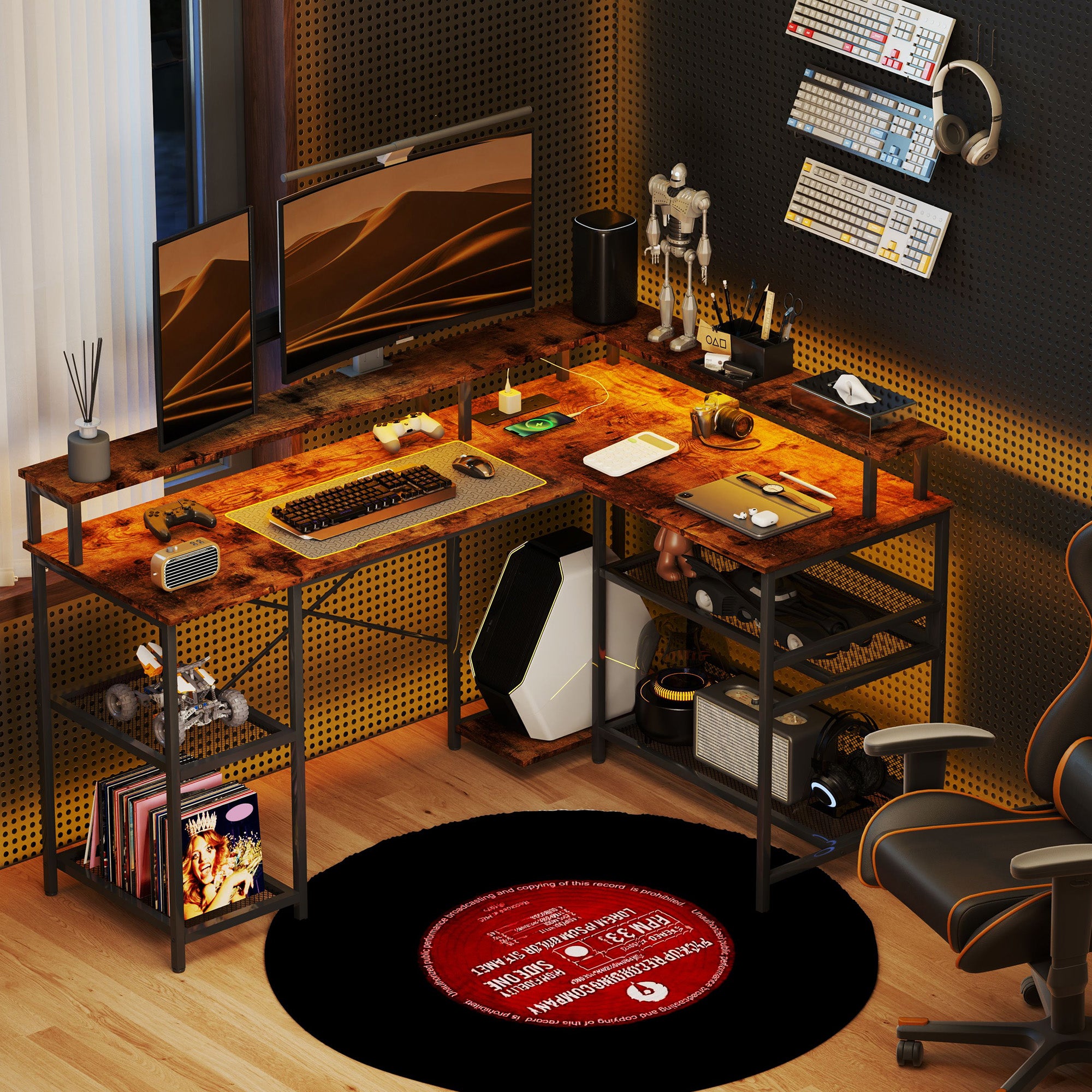 L Shaped 150cm Gaming Desk with LED Lights, Power Outlets, Monitor Stand & Storage Shelves - Rustic Brown