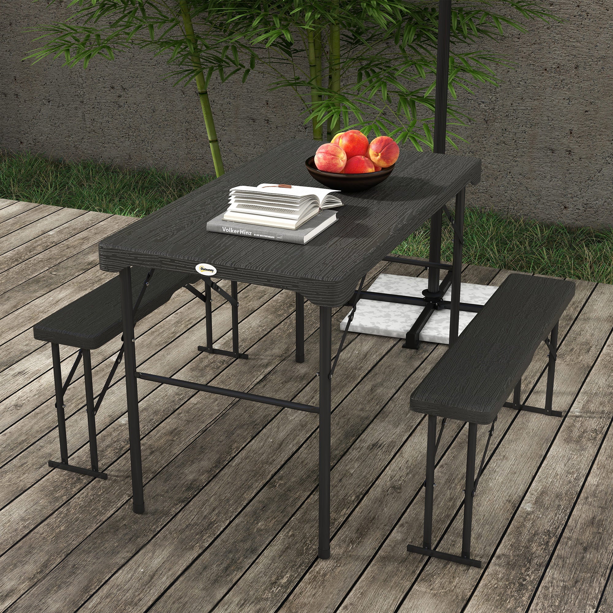 3 Piece Folding Picnic Table Set with Benches Steel Frame - Dark Grey