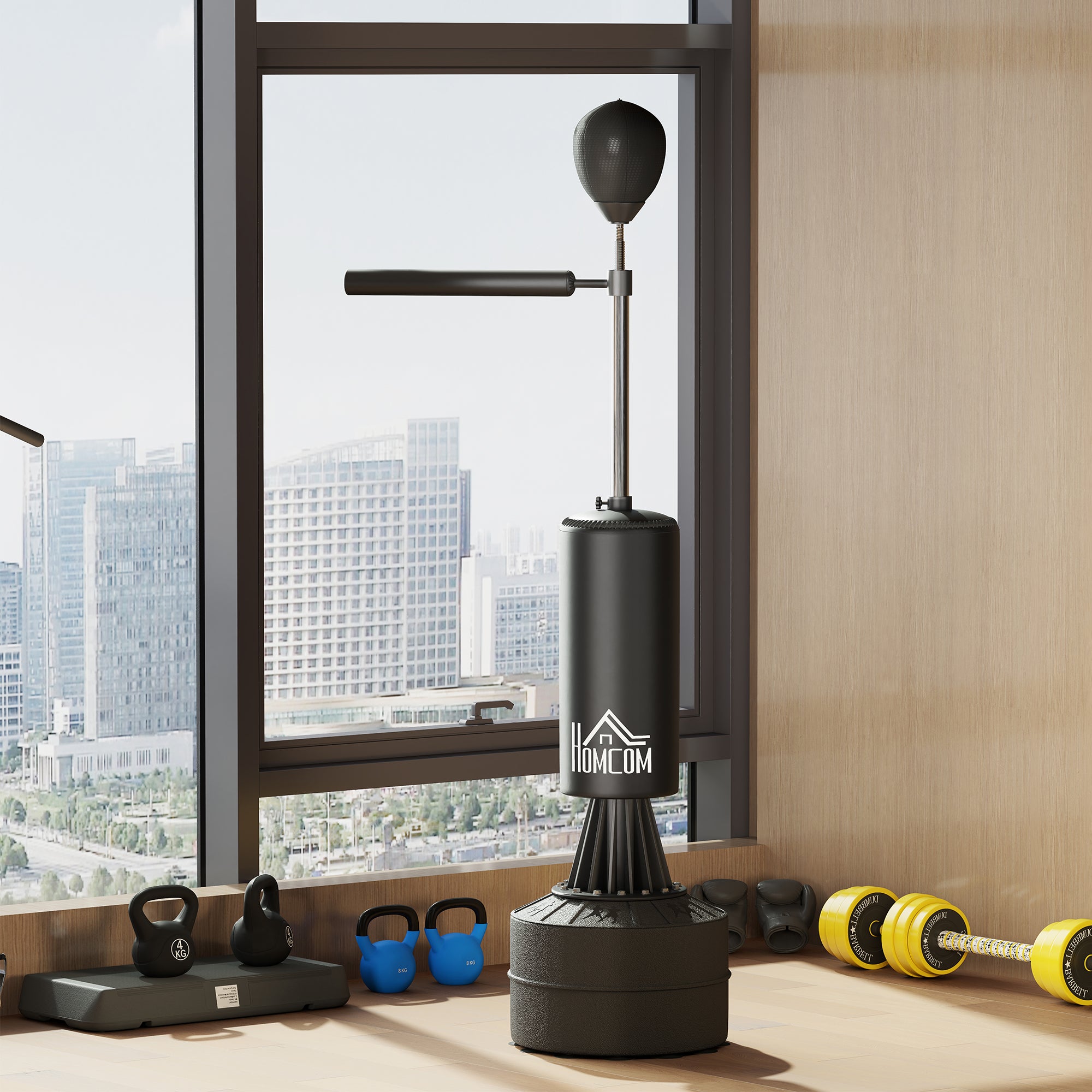 155-205cm 3-IN-1 Freestanding Boxing Punching Bag Stand, Boxing Speed Trainer with Rotating Flexible Arm, Speed Ball, Fillable Base, Black