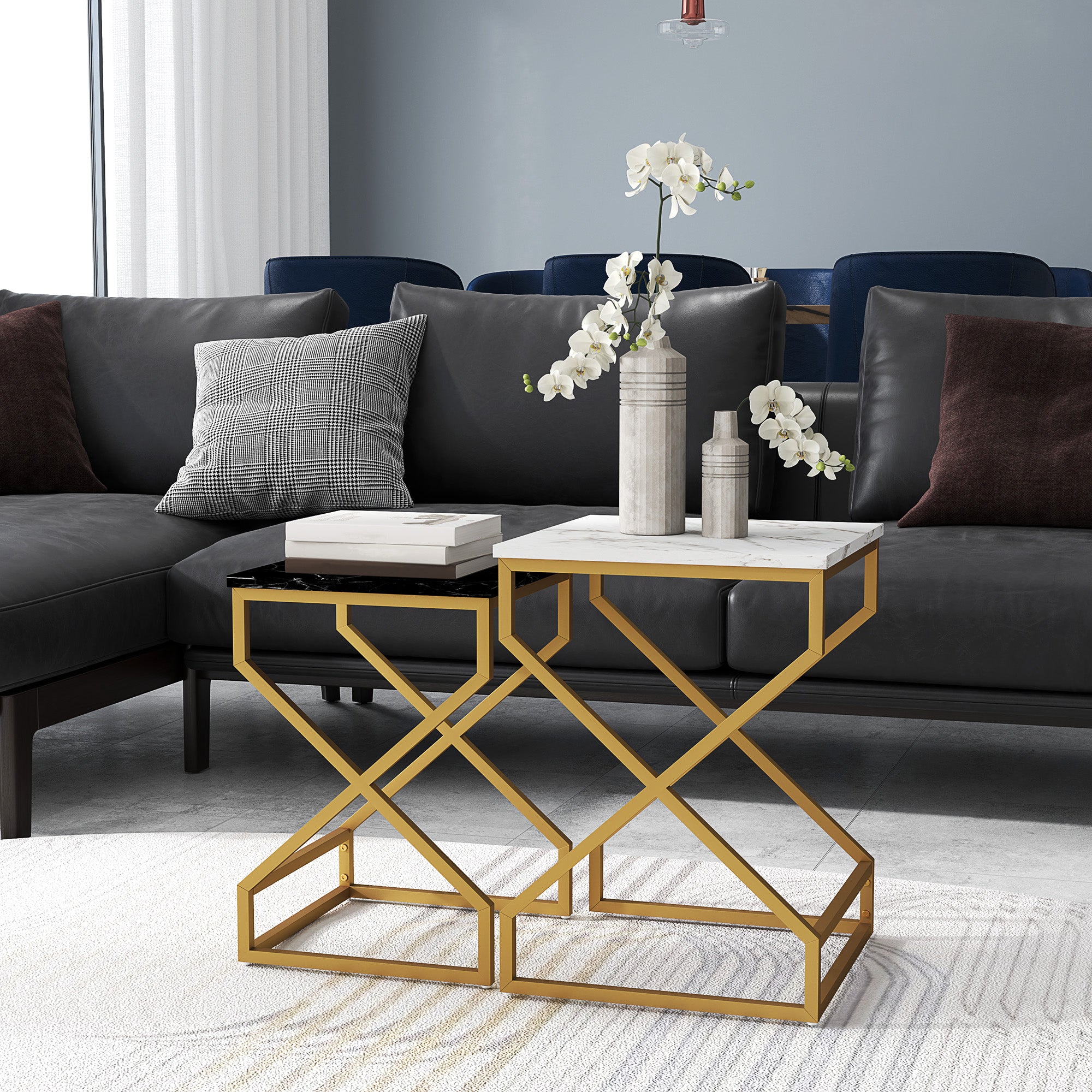 Set of Two Marble-Effect Nesting Tables with Gold Tone Legs - Black, White