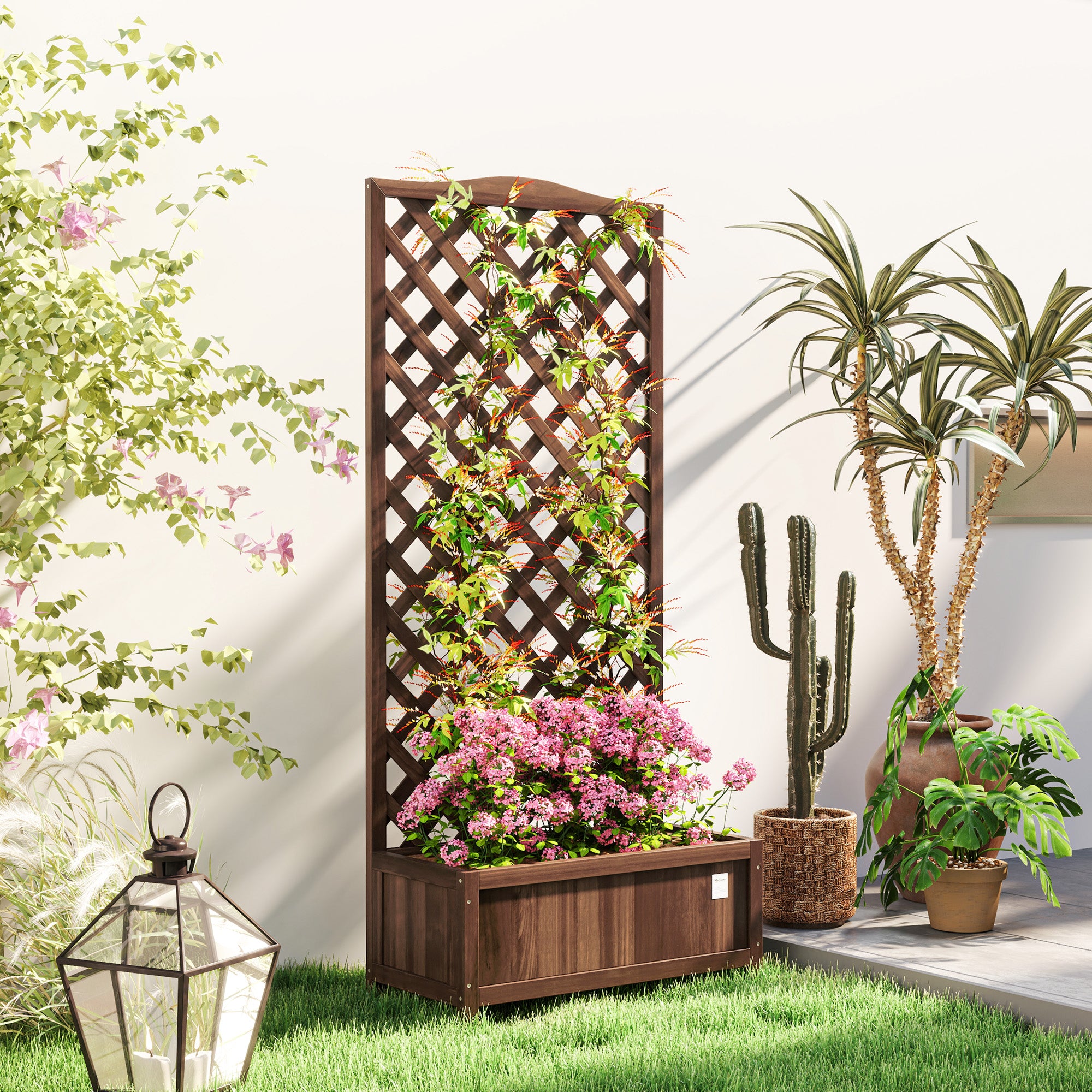 53 Litre Wooden Garden Planter Box with Trellis - Dark Brown