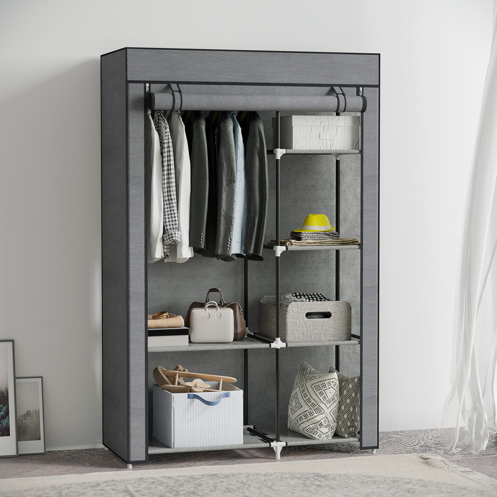 Rail and Six Shelf Fabric Wardrobe with Strong Steel Frame - Dark Grey