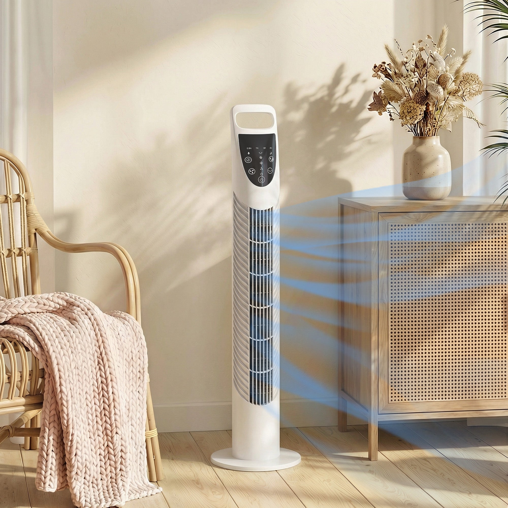 Tower Fan Oscillating 3 Speeds 3 Winds 40W w/ RC Timer Quiet - White