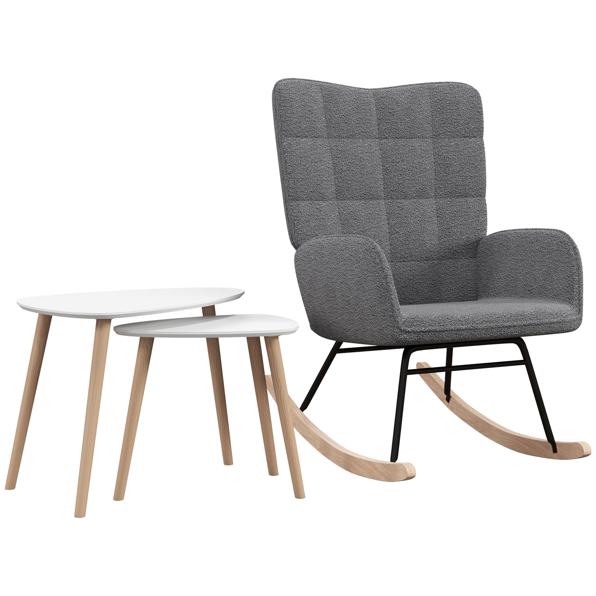 Living Room Furniture Set, Wingback Rocking Chair and Two Nesting Coffee Tables, White and Dark Grey