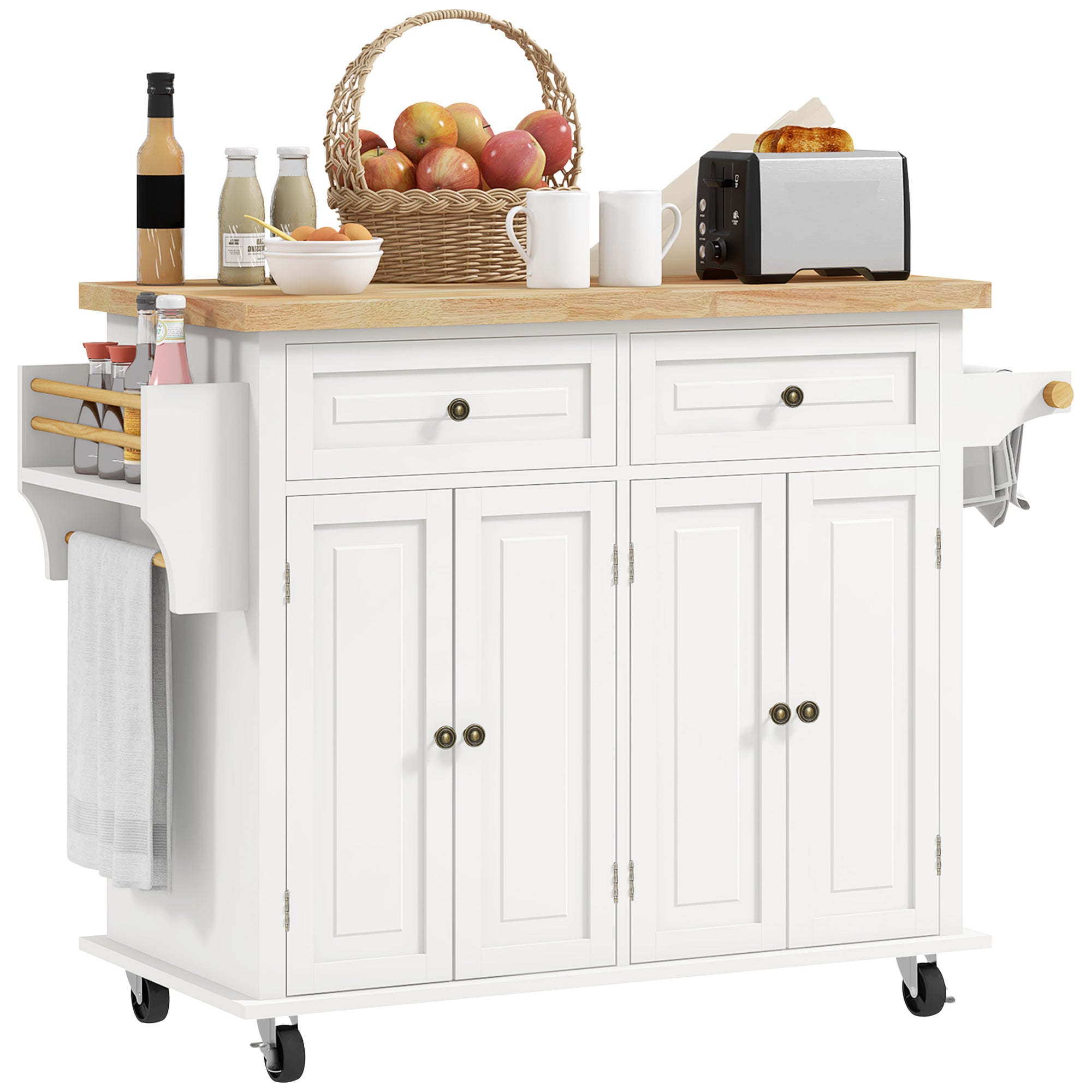 Rolling Kitchen Island Storage Trolley with Rubber Wood Top & Drawers for Dining Room, Cream White
