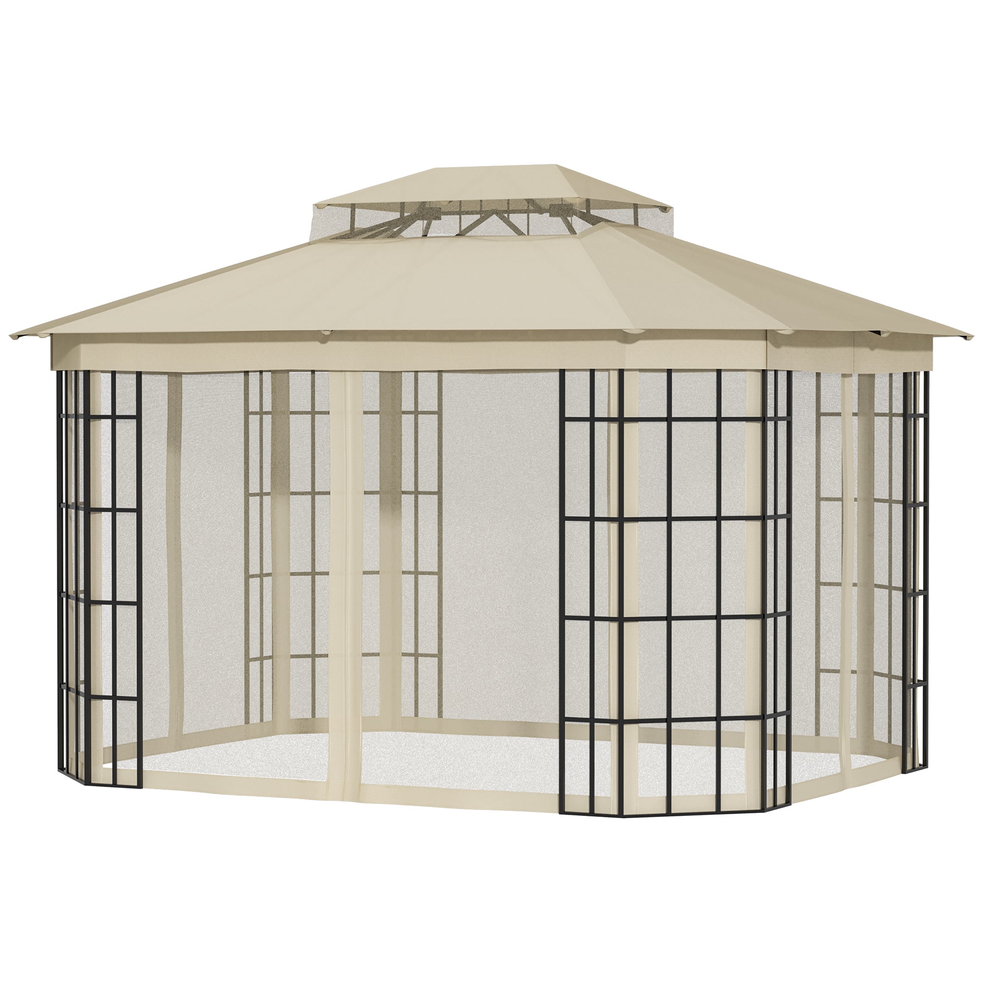 3.7 x 3(m) Patio Gazebo Canopy Garden Tent Shelter with 2 Tiers Roof and Mosquito Netting, Metal Frame, Beige
