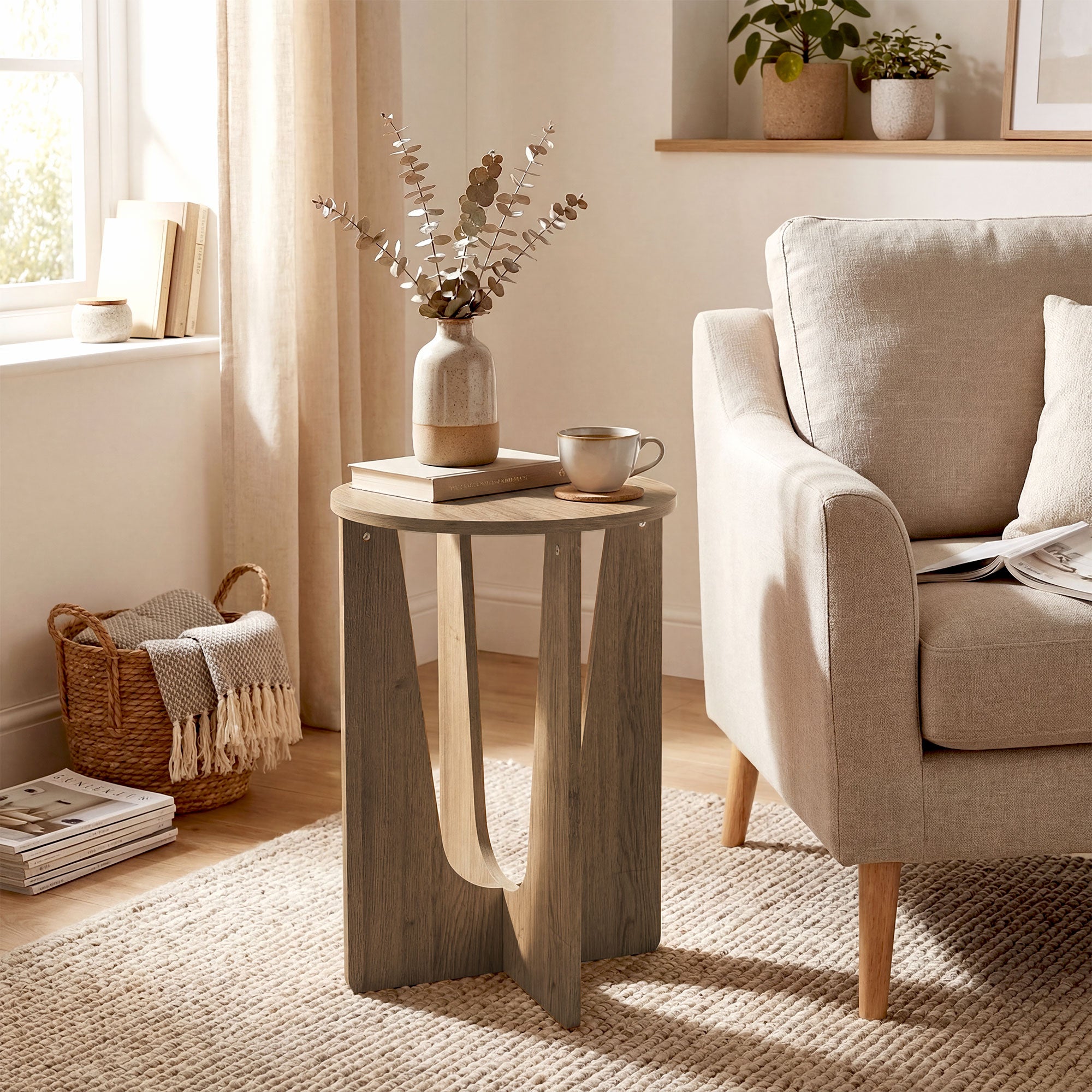 End Table Compact Round Side Table with Curved Legs in Coffee Wood Effect