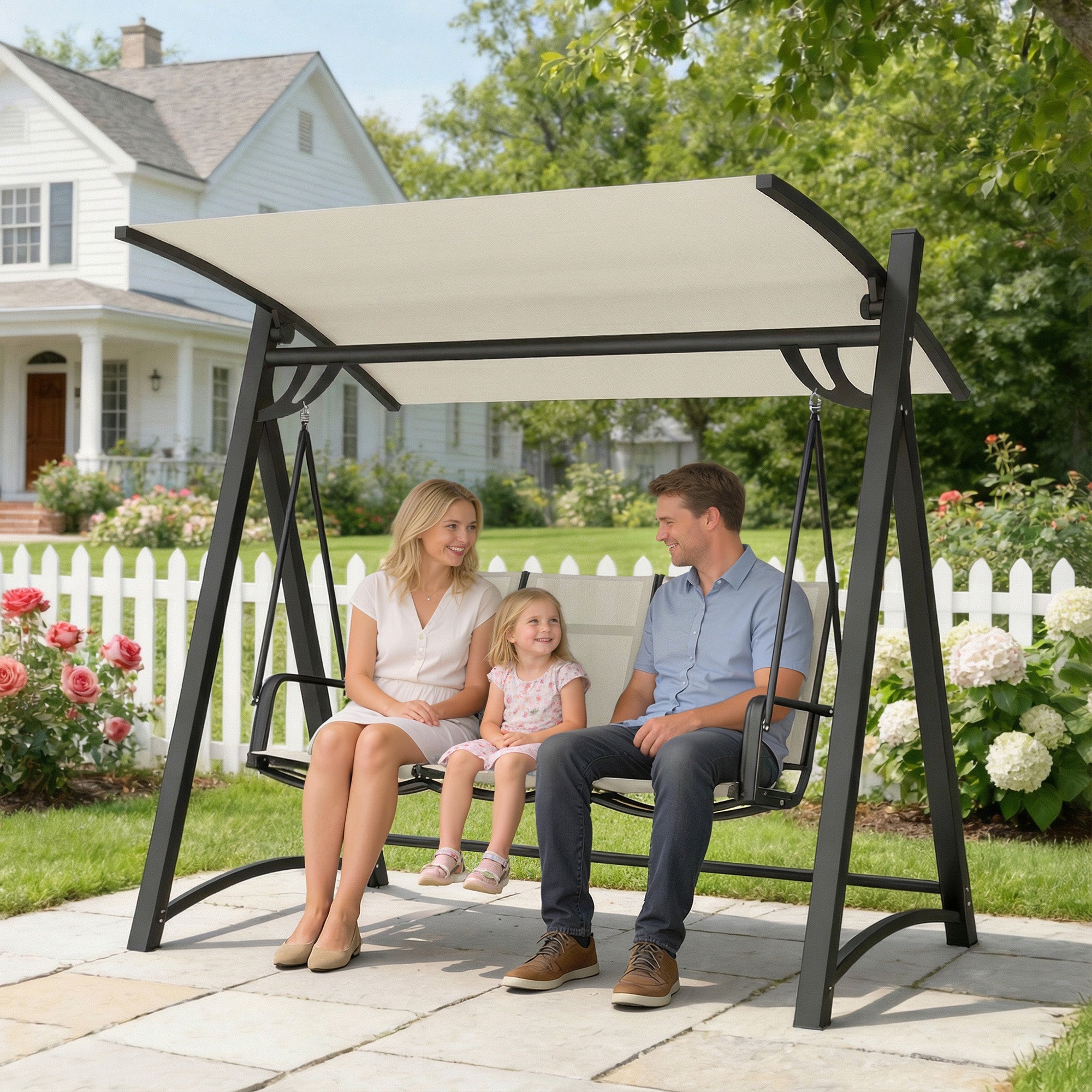 3 Seater Swing Chair, Garden Swing Bench with Adjustable Tilting Canopy, Breathable Mesh Seat 360 kg Capacity, White