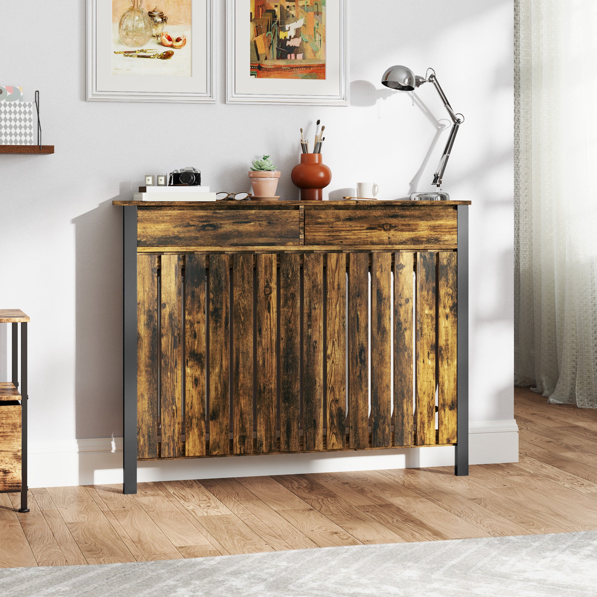 93 x 119cm Rustic-Look Radiator Cover with Drawers - Brown/Black