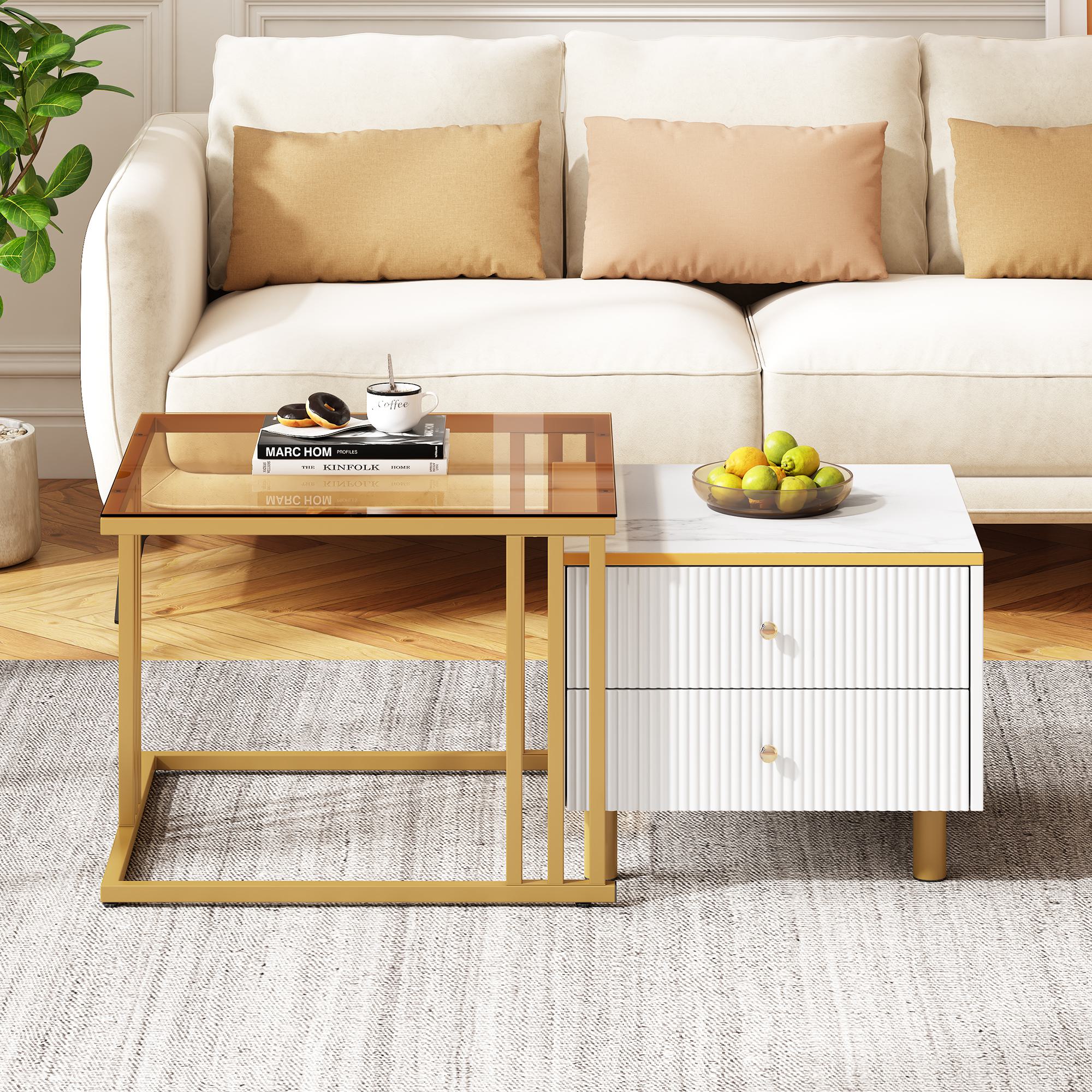 2 Piece Nesting Coffee Table Set with Marble Pattern and Modern Gold Design, Square End Table with Drawer and Metal Frame, Gold+White