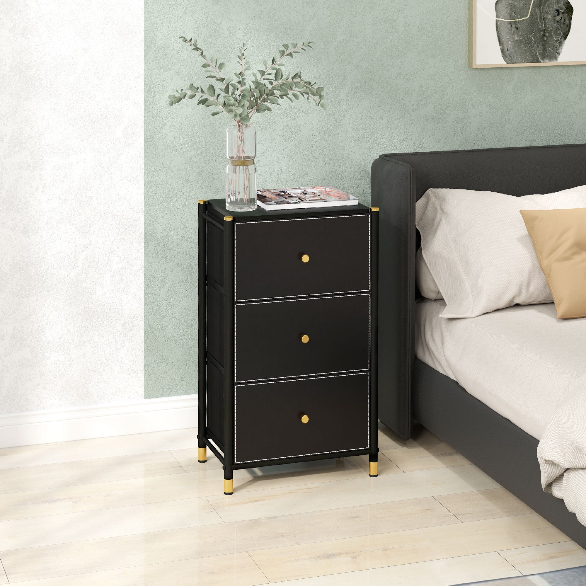 Faux Leather Chest of Three Drawers with Gold Accents - Black