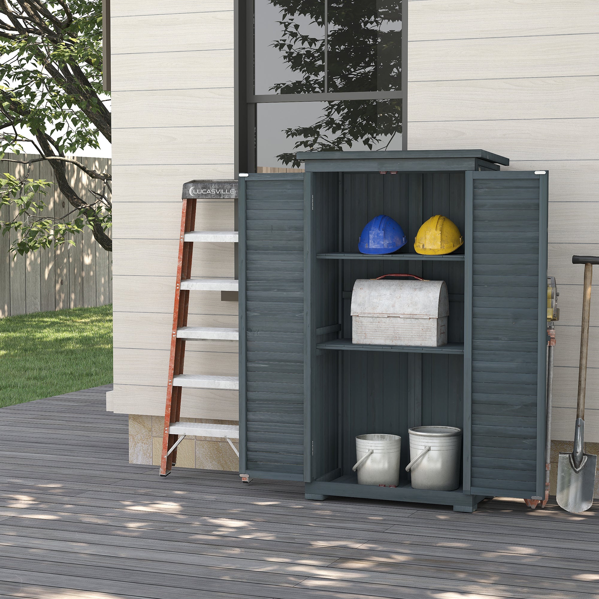 39.5 x 79cm Fir Wood Garden Storage Shed with Shelves - Grey