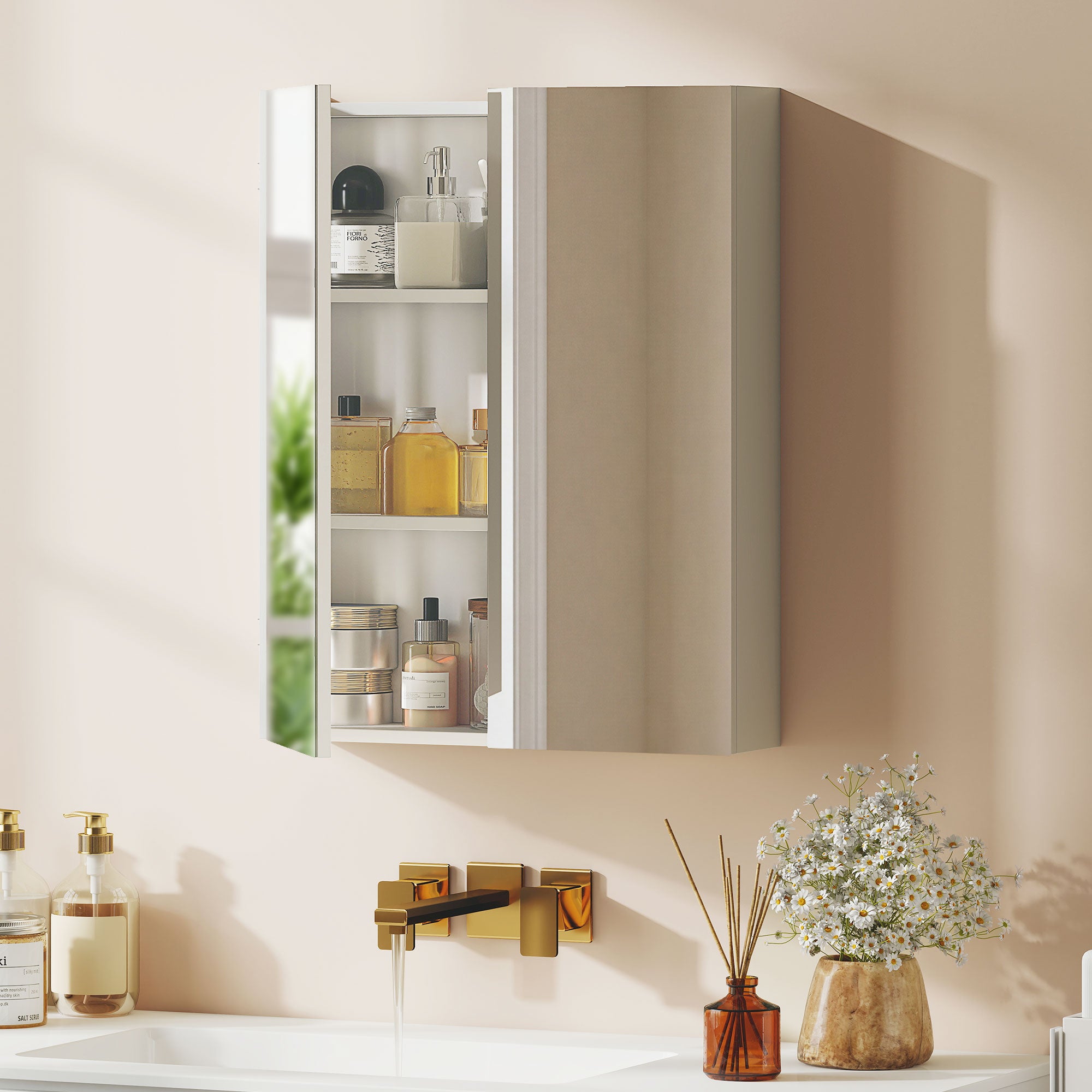 Wall Mounted Bathroom Mirror Storage Cabinet w/ Door Adjustable Shelf, White