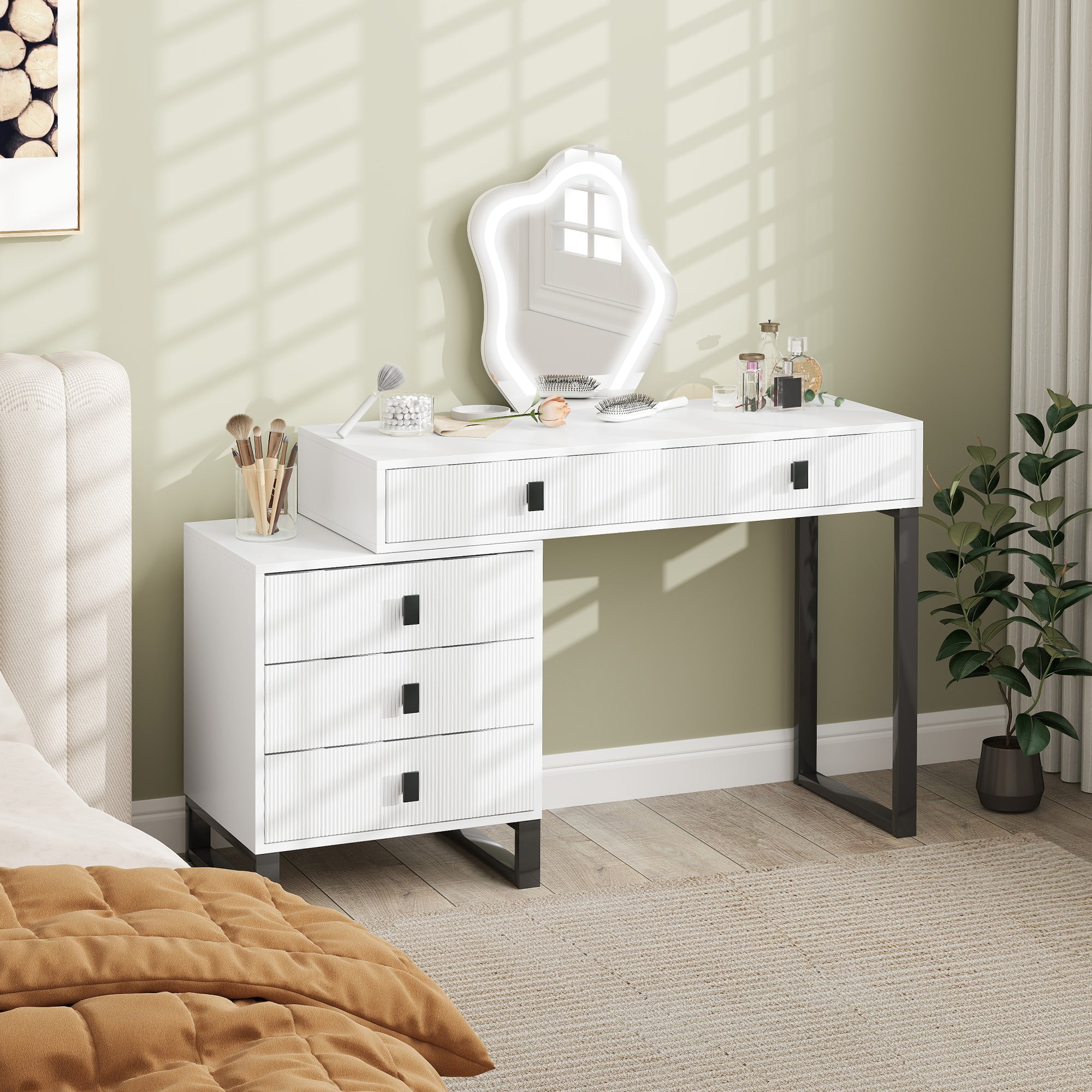 Dressing Table, Vanity Desk with Leaf Shape Mirror, Makeup Table with 5 Drawers, 3-Colour LED Lights, 100x40cm Tabletop, White