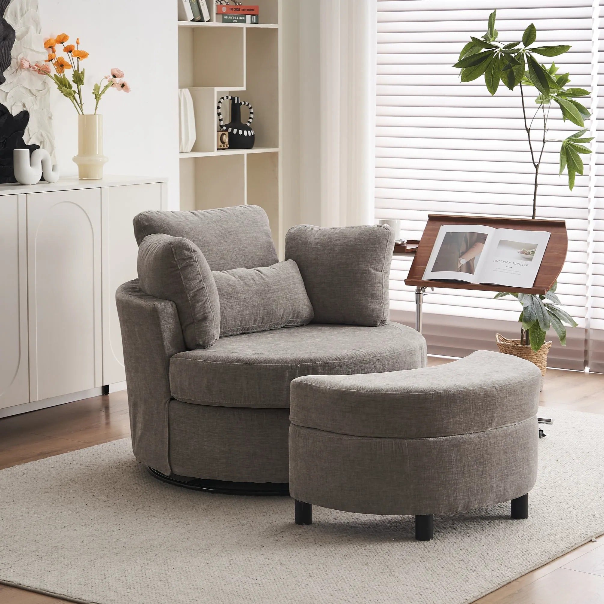Chenille Swivel Armchair with 3 Back Cushions and Crescent Ottoman Stool, 360° Swivel Recliner Sofa, 107L x 105W x 82H cm, Grey