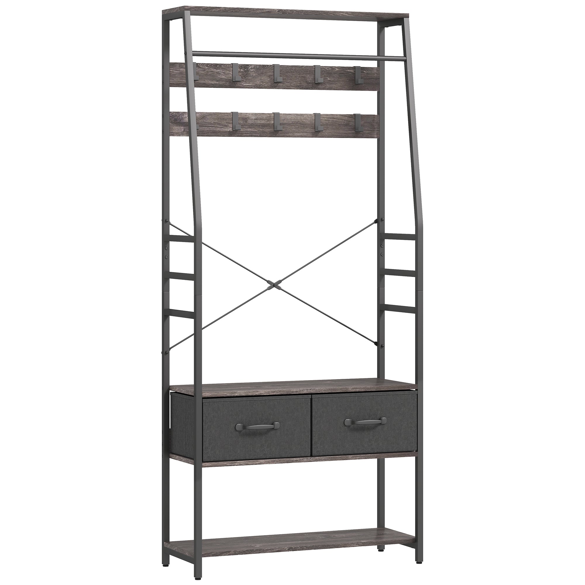 Coat Rack with Shoe Storage, Hall Tree, Industrial Coat Stand with Shoe Bench, 10 Removable Hooks, 2 Fabric Drawers and Clothes Rail for Entryway, Hallway, Grey