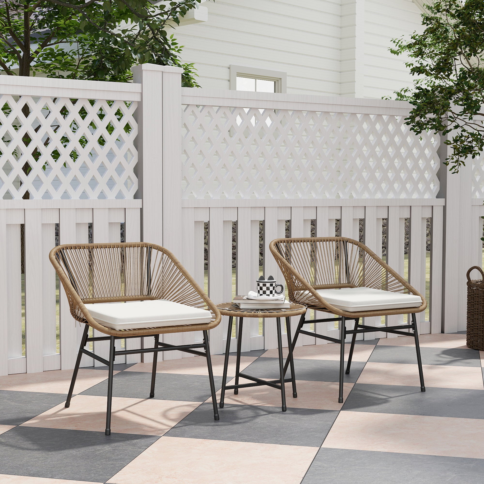 3 Pieces Rattan Bistro Set with Cushions and Glass Top Table for Outdoor Patio Balcony - Natural