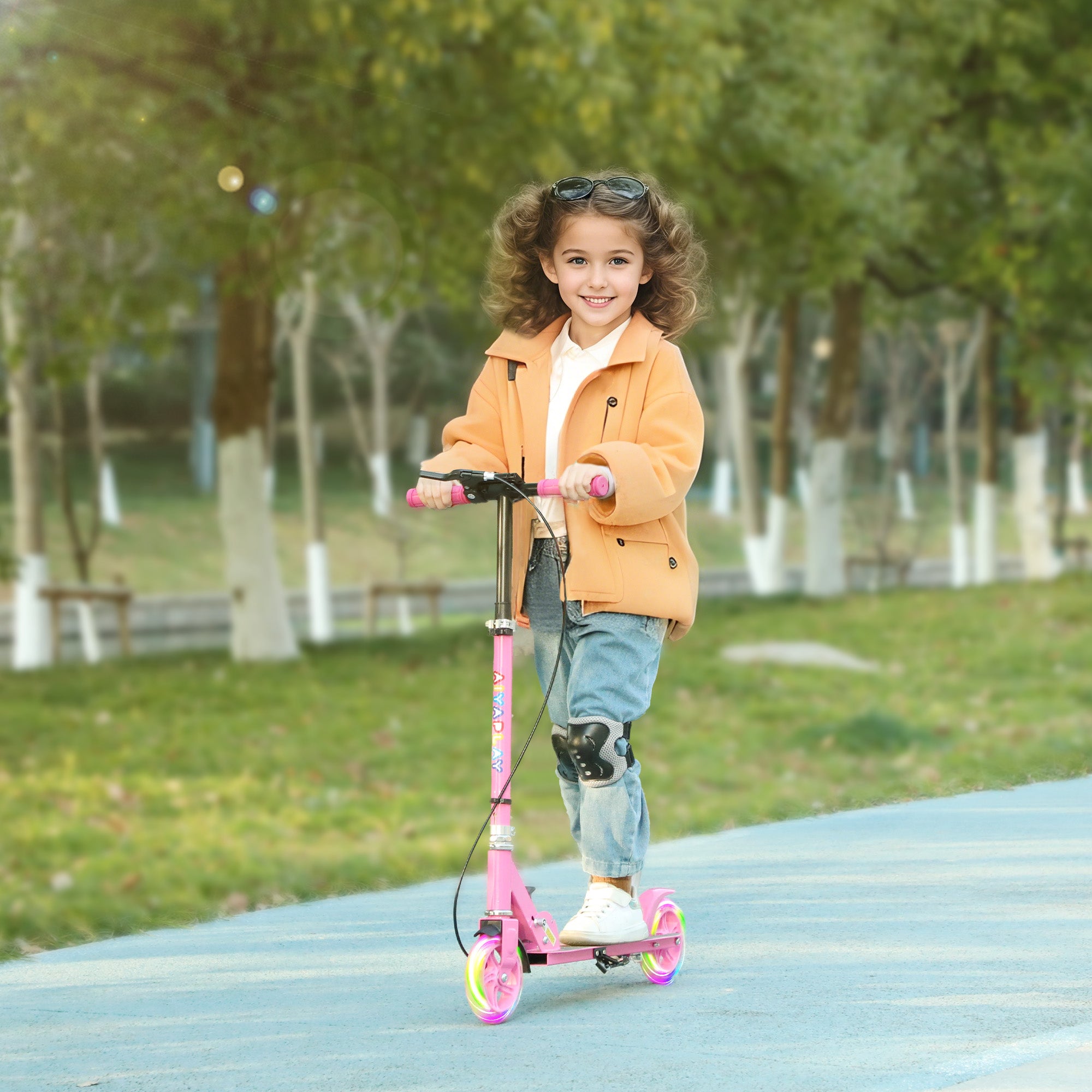Adjustable Kids Scooter with Light-Up Wheels, Handbrake & Rear Brake for Ages 3-8 - Pink