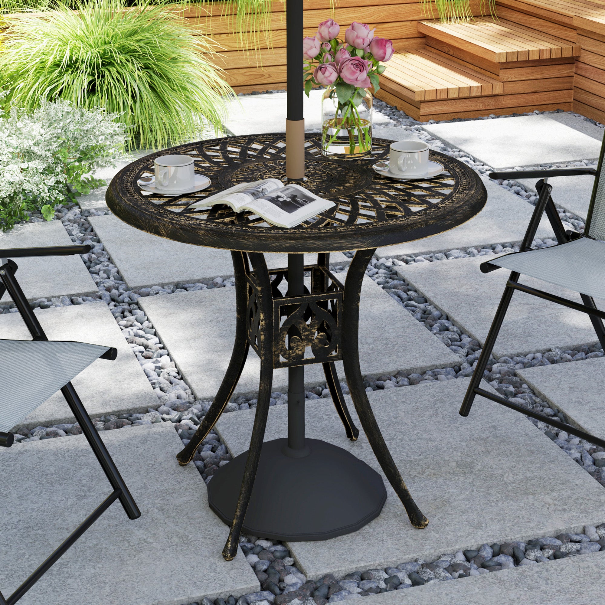 78 cm Round Garden Dining Table with Parasol Hole Bronze Cast Aluminium - Bronze Tone