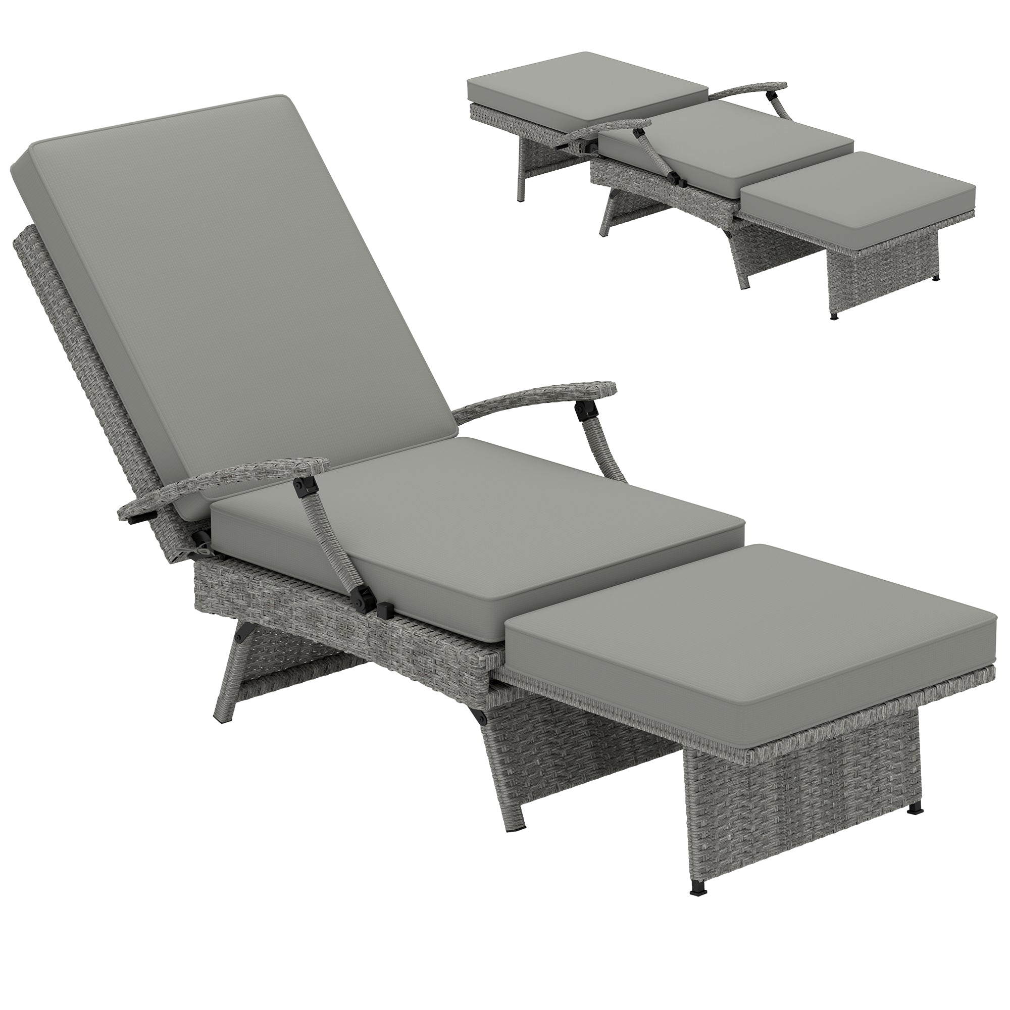 80° Reclining Rattan Lounger with Footstool and Cushions - Grey