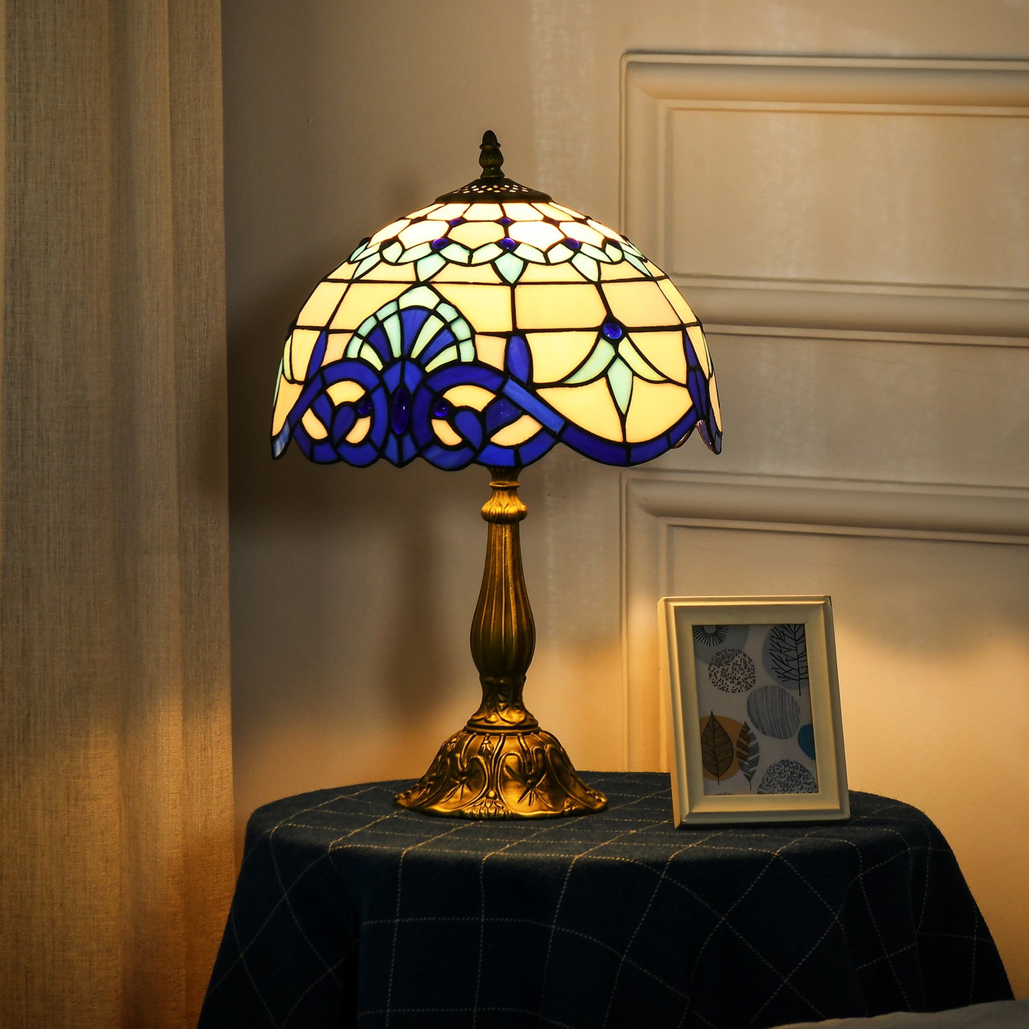 Handmade Antique Stained Glass Table Lamp for Bedroom & Living Room - Blue