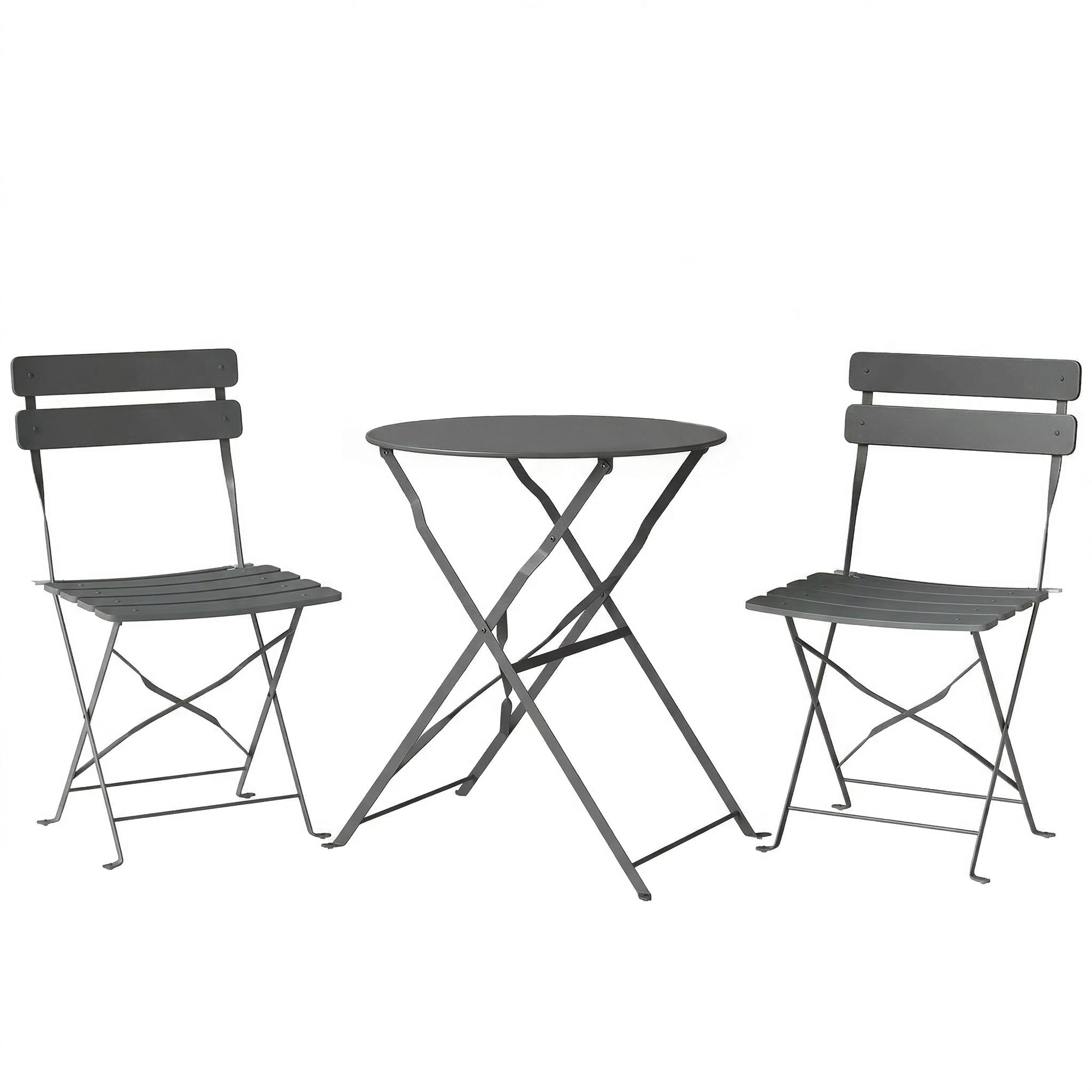 Folding Garden Bistro Set, Outdoor Round Bistro Table and Chairs Set 2 with Electrophoresis Metal Frame, Grey