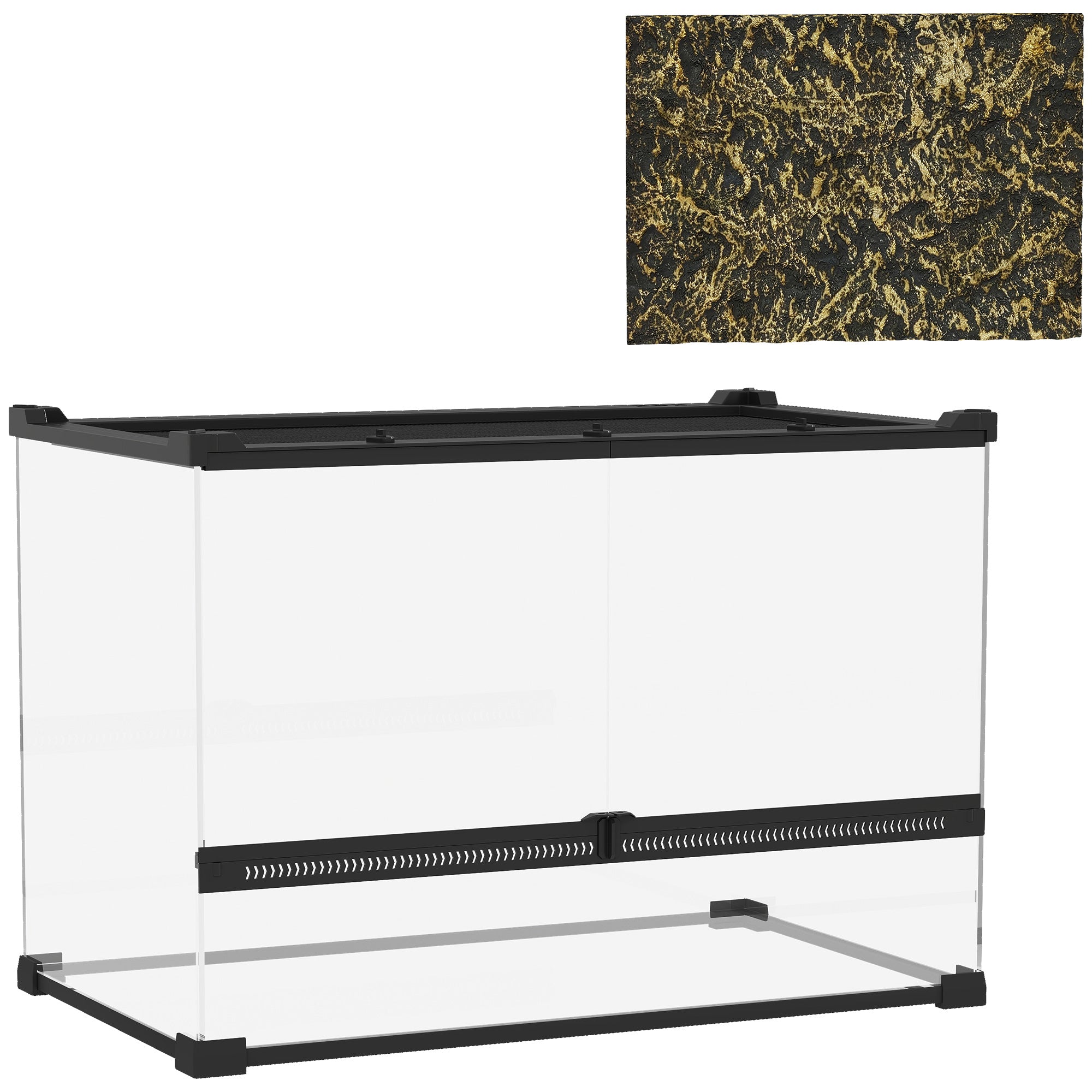 Reptile Glass Terrarium with Stone Background, Front Ventilation, Escape-Proof Knob Lock, 50 x 30 x 35 cm, Black