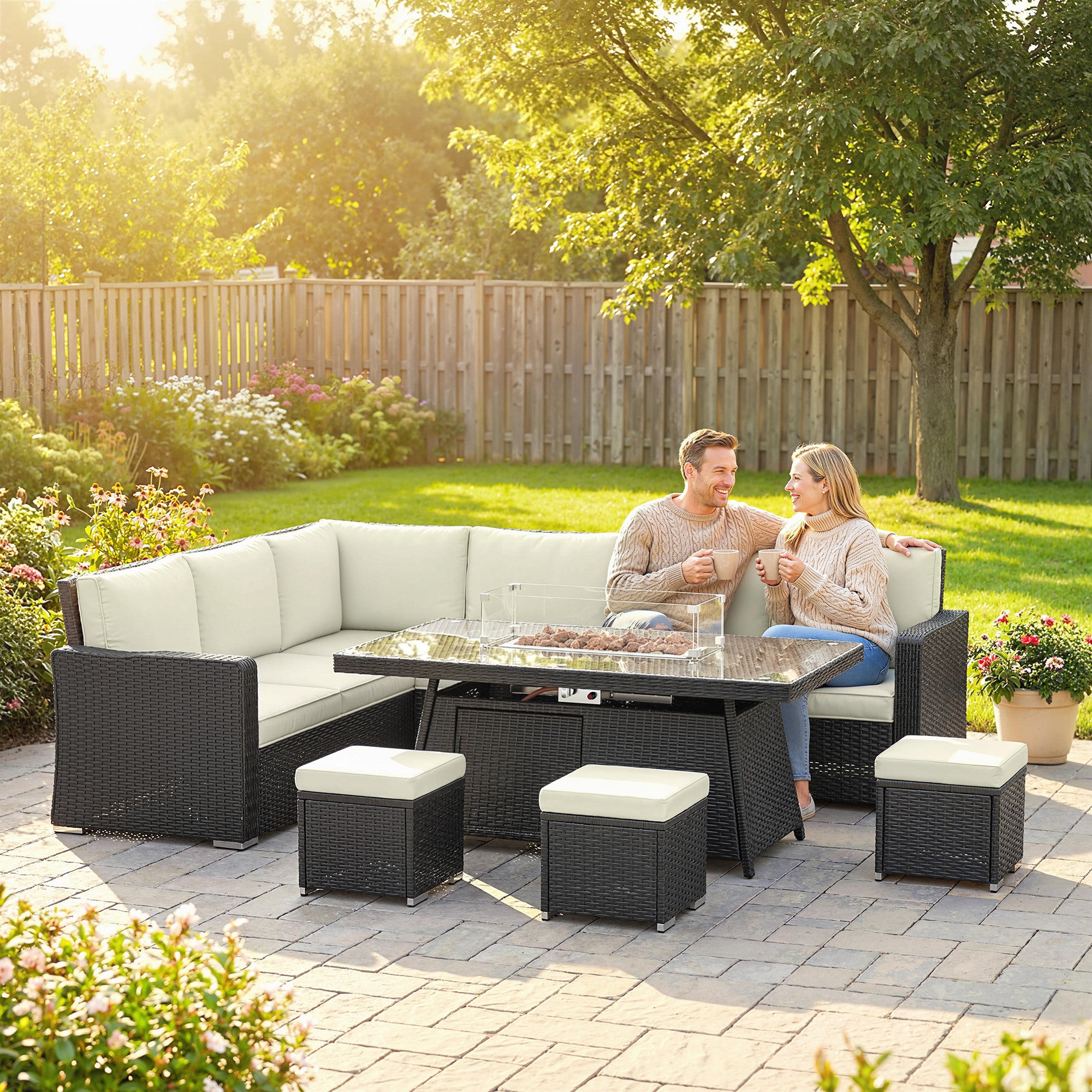7 Pieces PE Rattan Garden Furniture Set, 50,000 BTU Gas Fire Pit Table, Double Corner Sofa and 3 Footstools