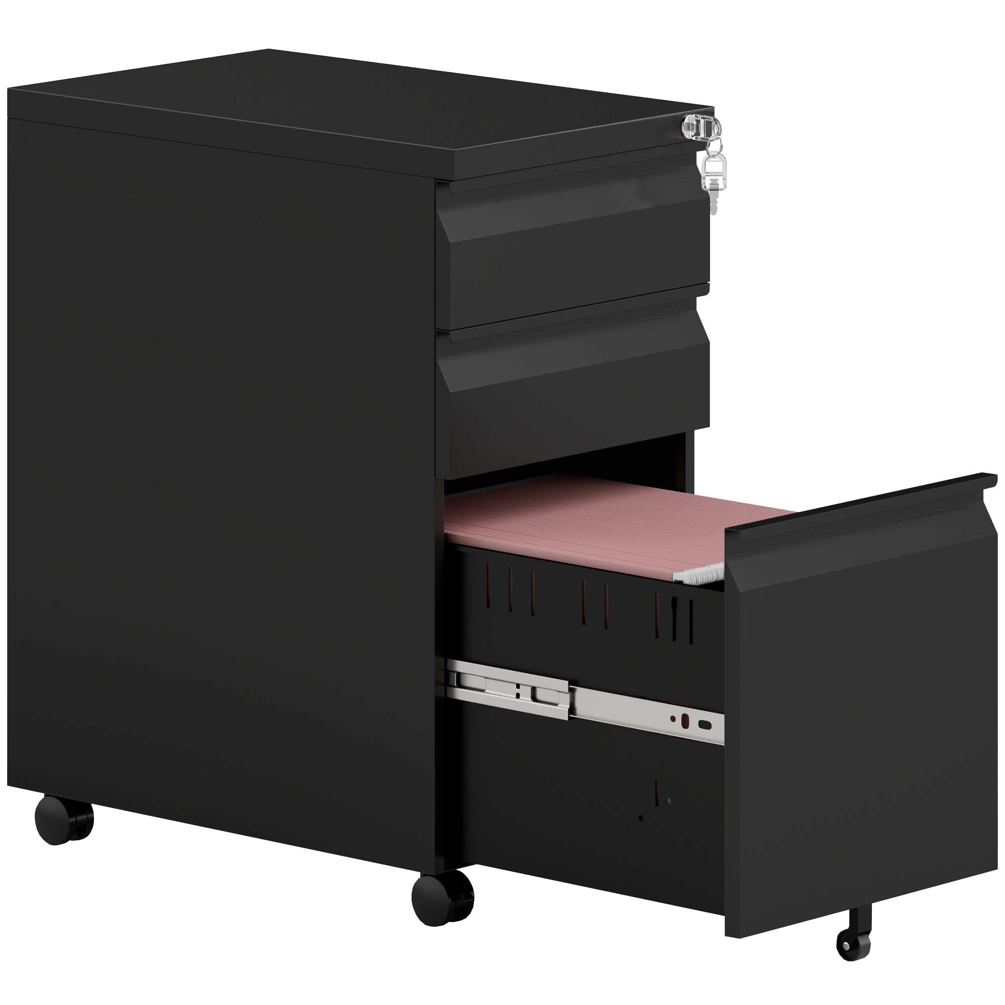3-Drawer Steel Filing Cabinet with Lock and Wheels - Black