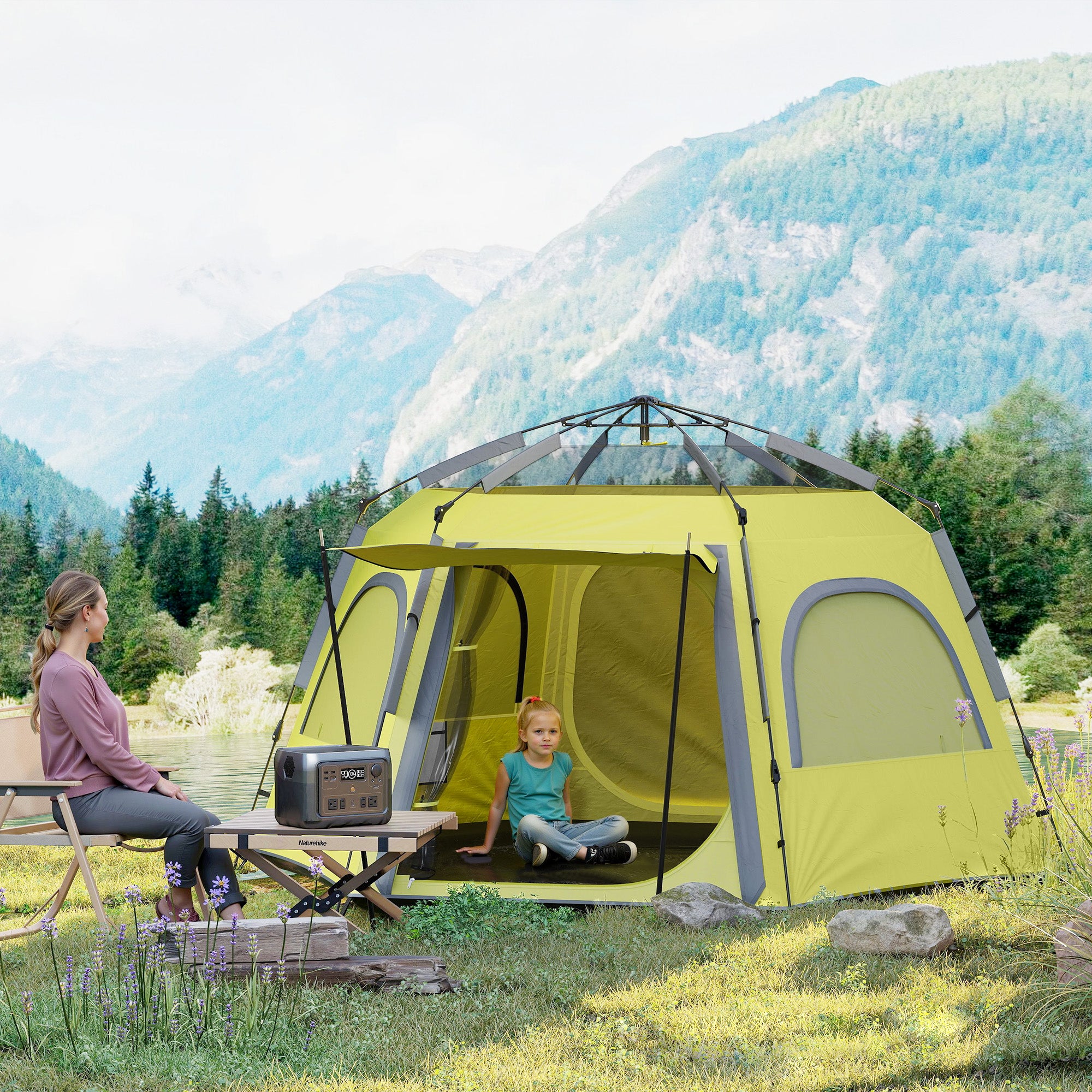 Spacious Instant Camping Tent for 2 to 4 People - Yellow Green