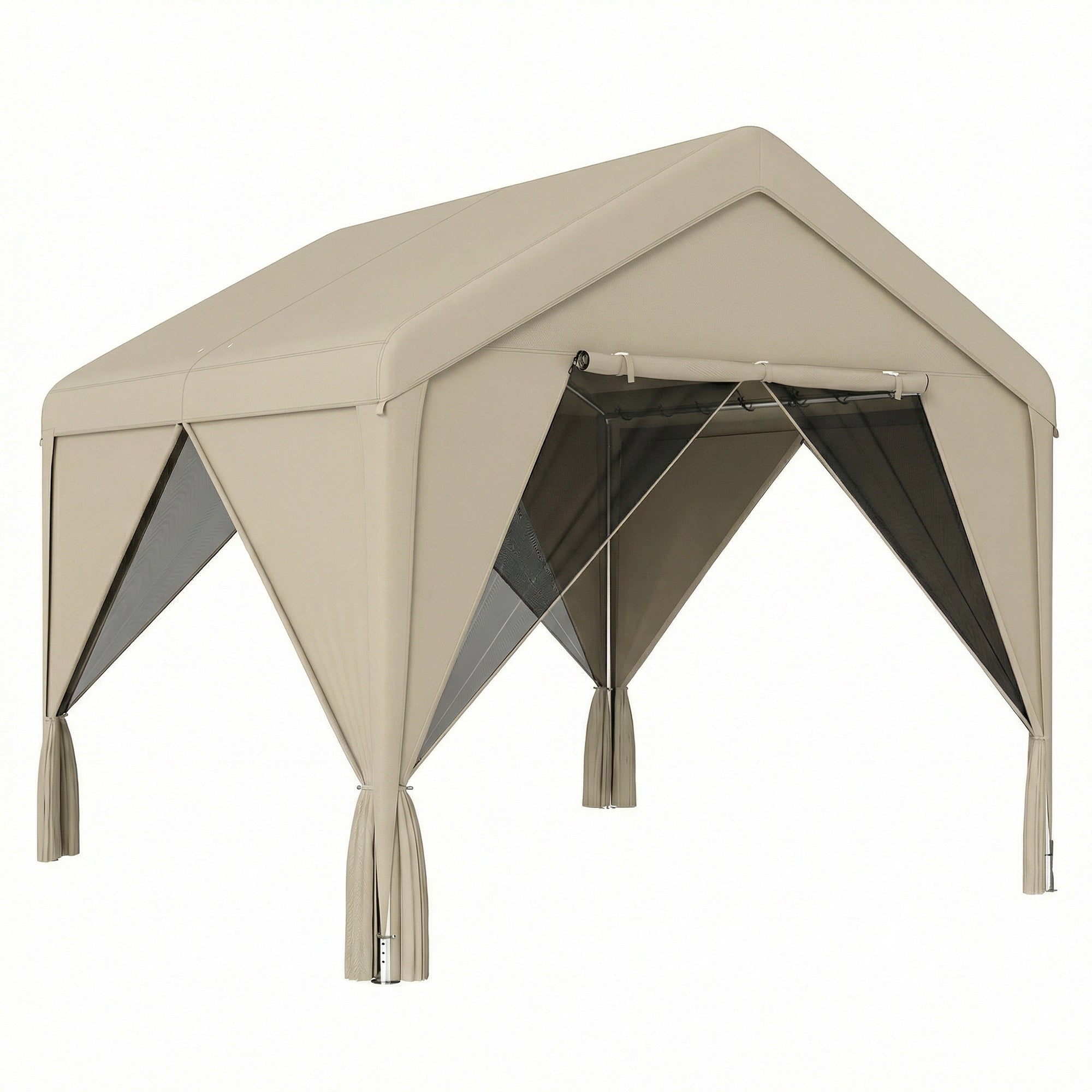 3 x 3 m Patio Gazebo with Netting & Curtains, Outdoor Canopy Shelter with Galvanised Steel Frame, Khaki