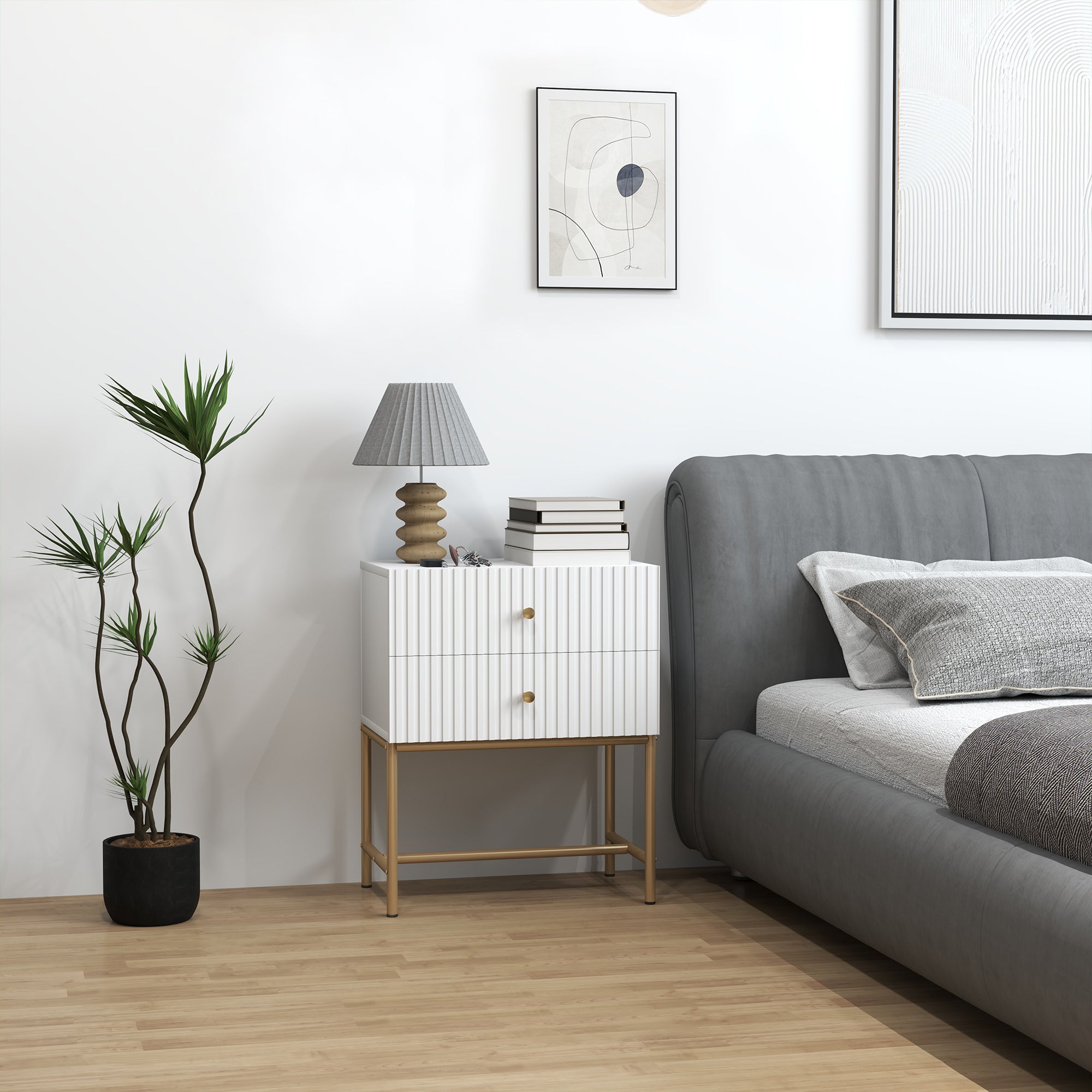 Elegant Two-Drawer Bedside Table with Gold Handles - White