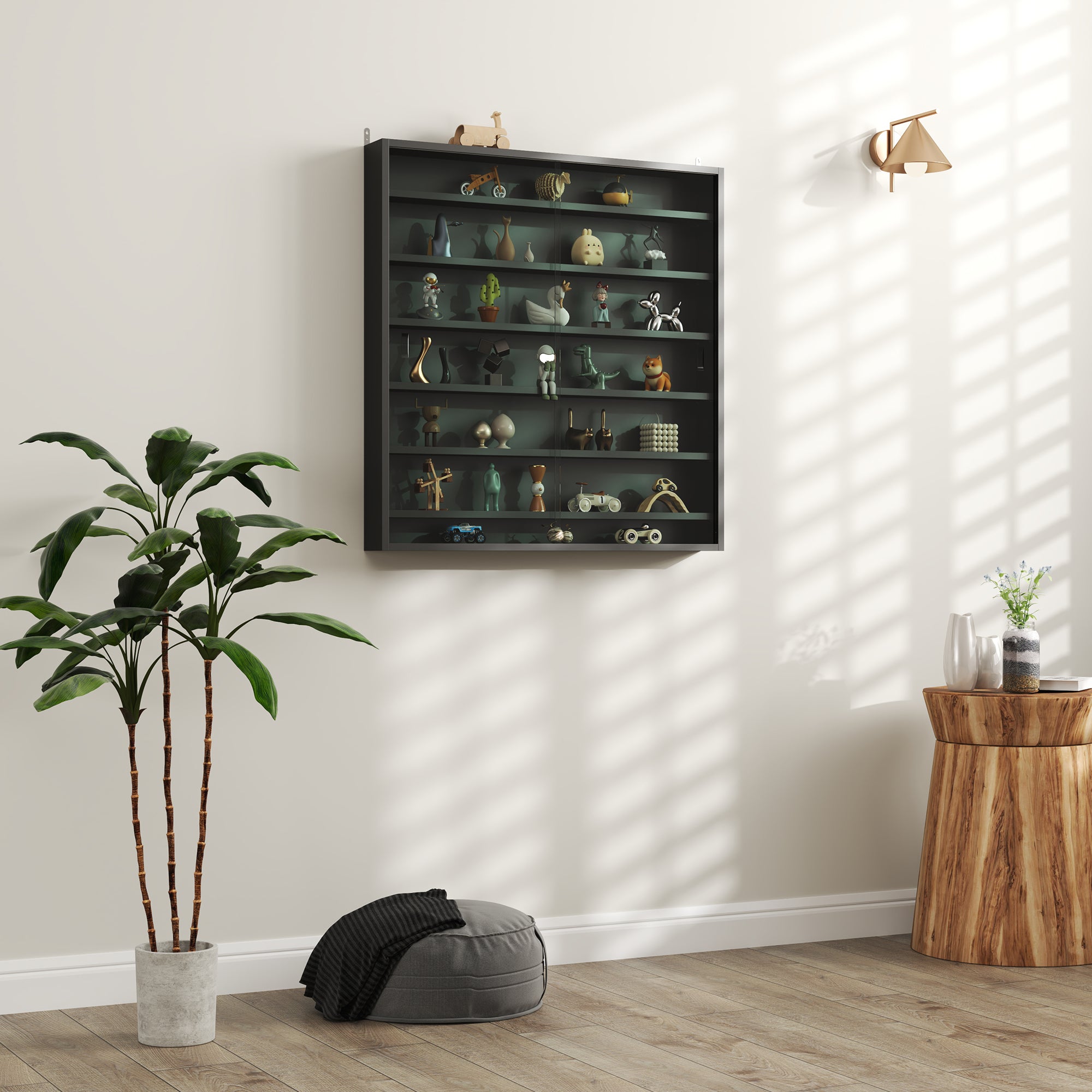 Six Shelf Wall-Mounted Display Cabinet with Glass Doors - Black