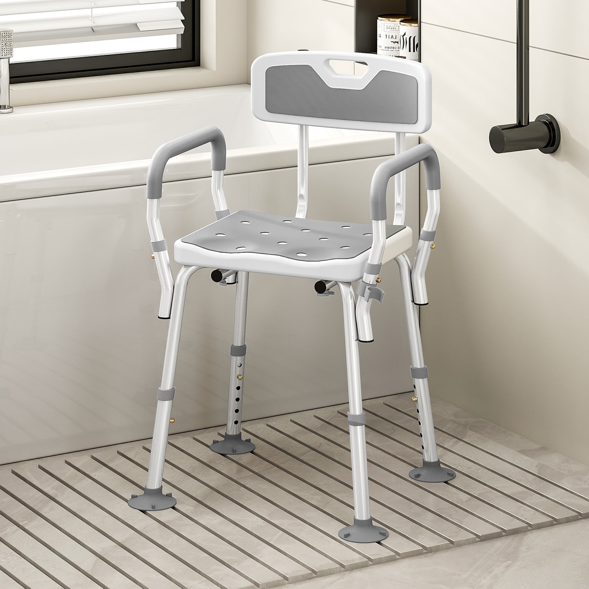EVA Padded Shower Chair for the Elderly and Disabled, Height Adjustable Shower Stool with Back and Arms, 4 Suction Foot Pads, Light Grey