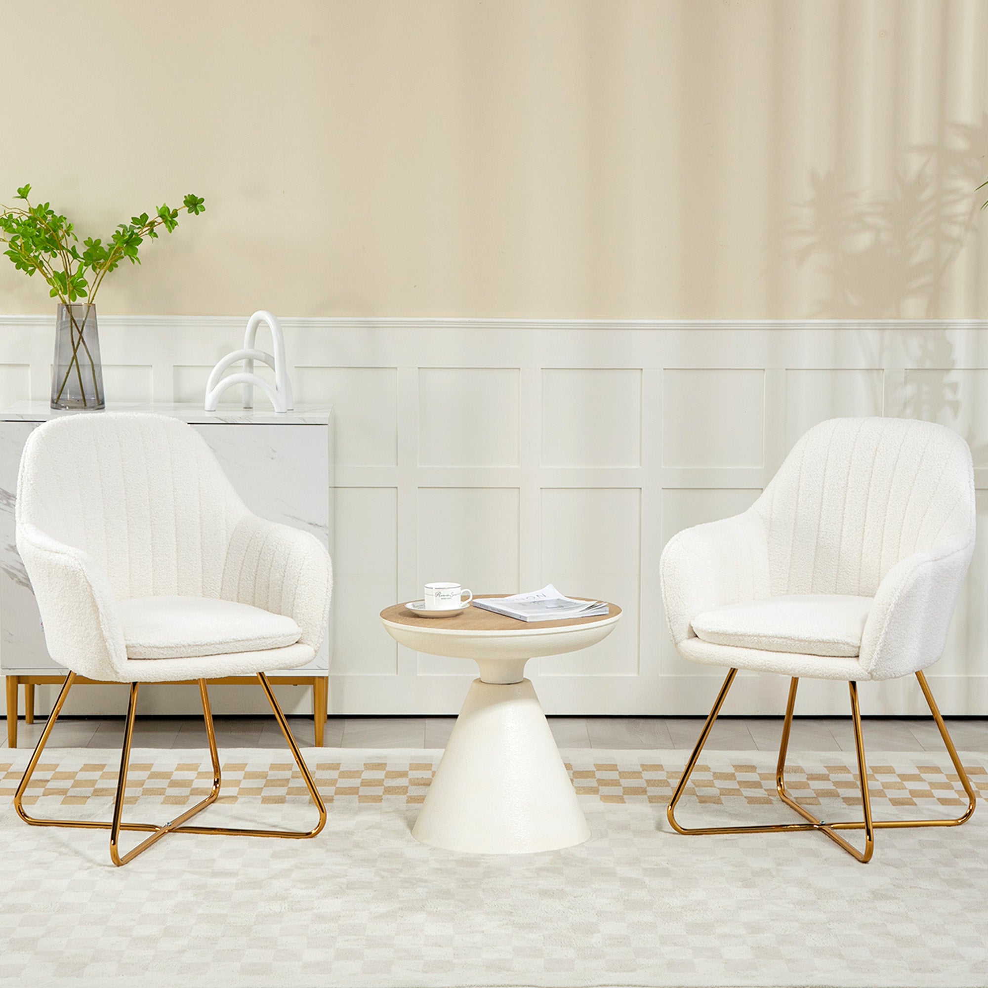 Set of Two Sherpa Fleece Dining Chairs with Metal Base - Cream