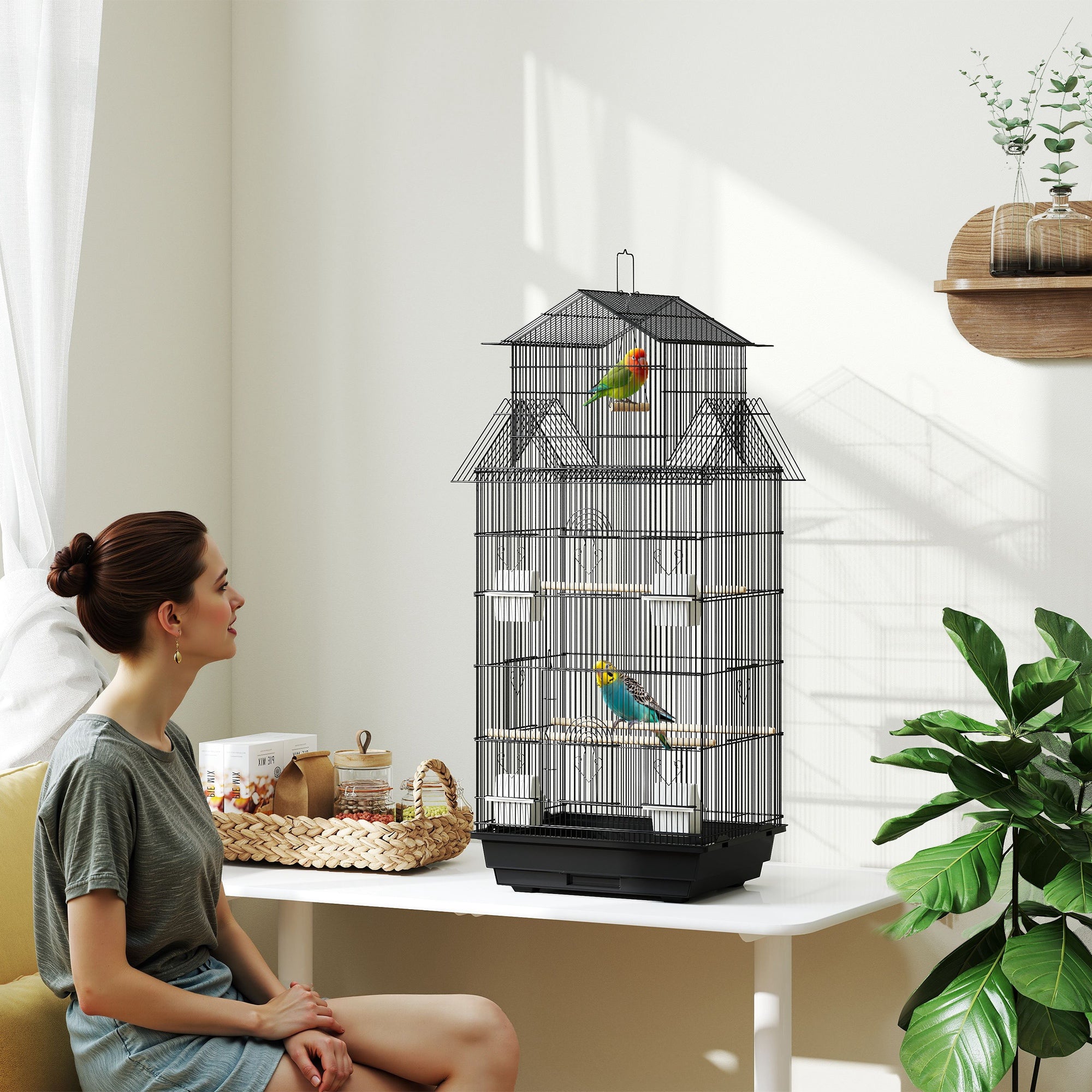 Metal Bird Cage with Plastic Swing, Perch, Food Container, Tray, Handle, for Finches, Canaries, 43 x 32.5 x 104cm
