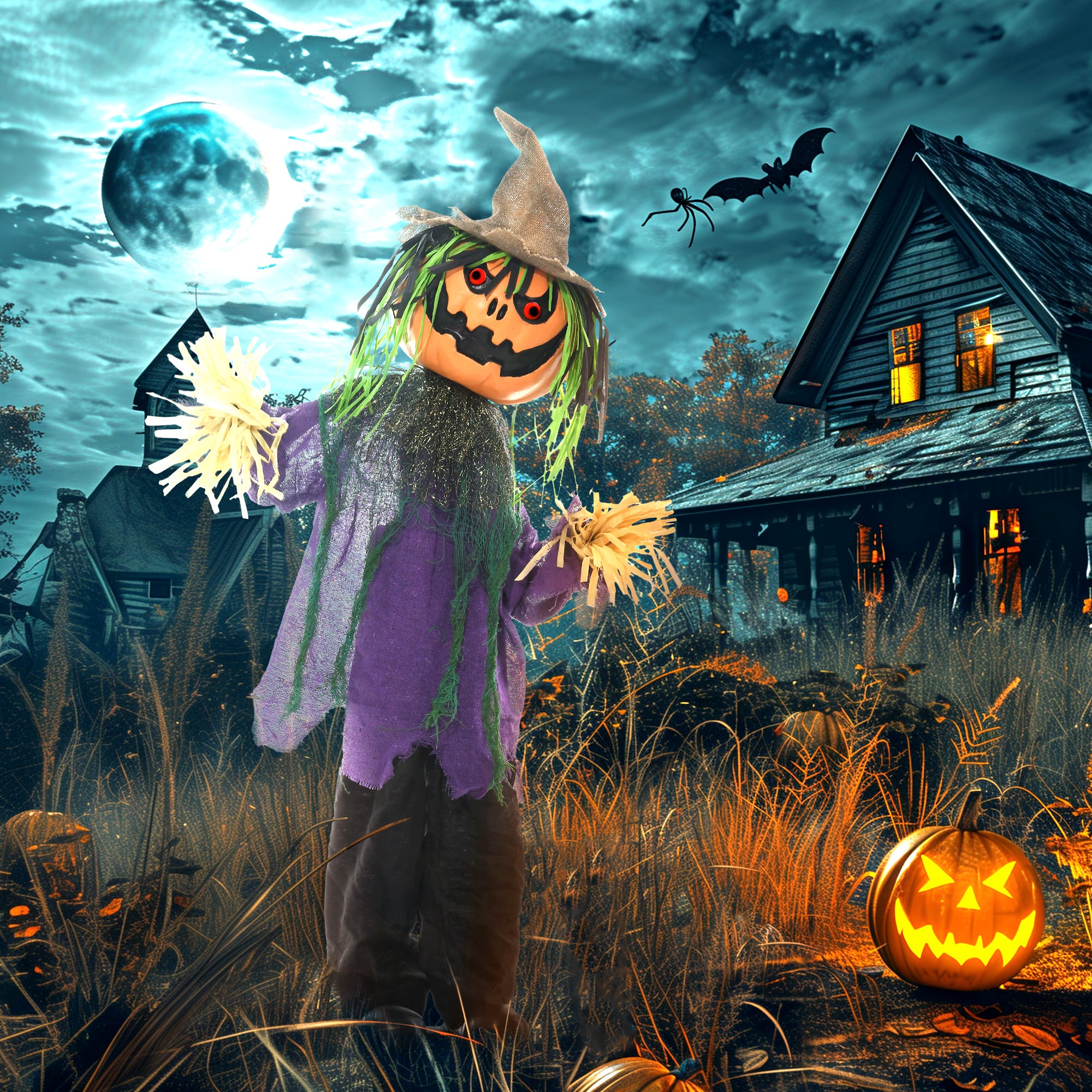3'6" Pumpkin Scarecrow Halloween Animatronic, with Glowing Eyes