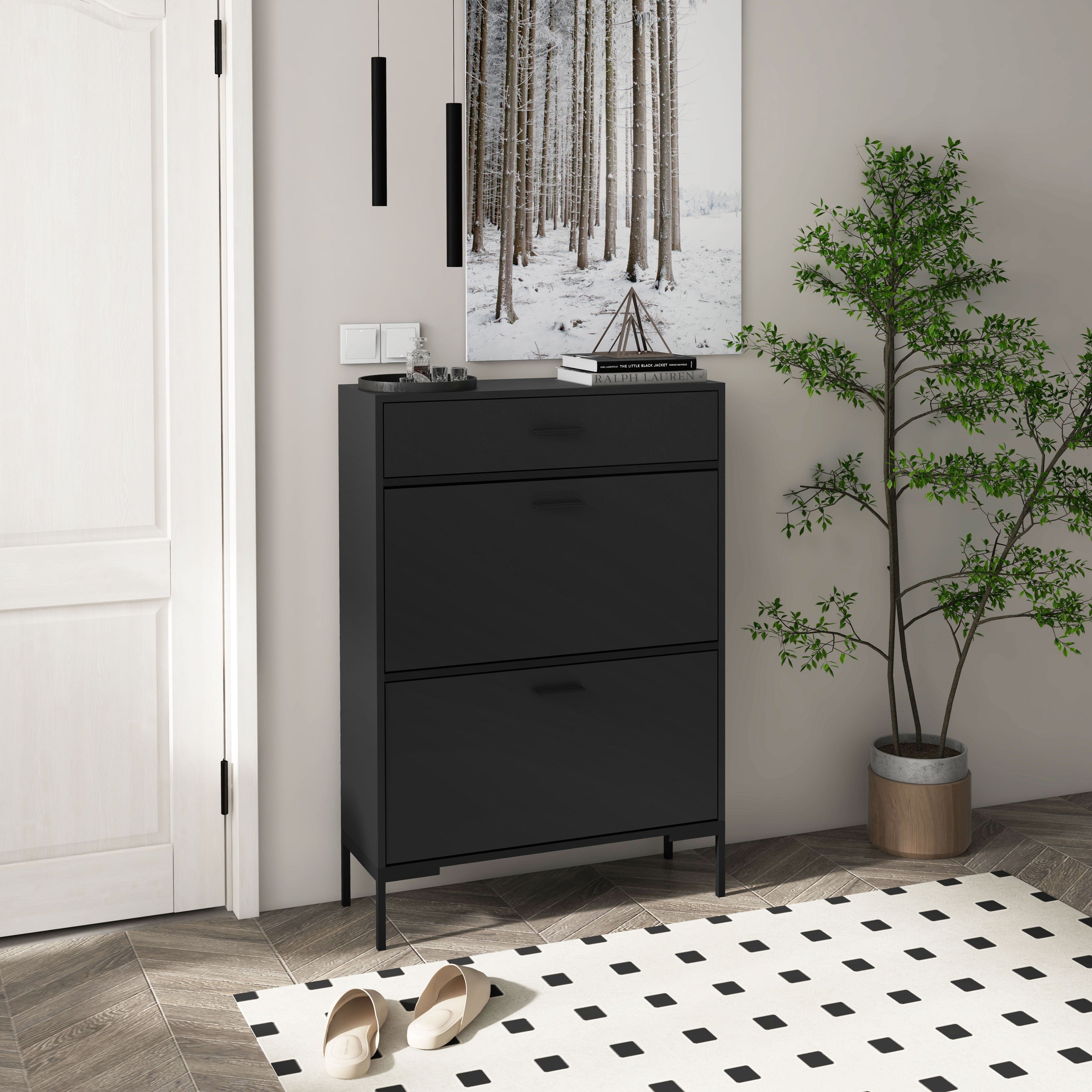Slim Three Drawer Shoe Storage Cabinet for 12 Pairs - Black