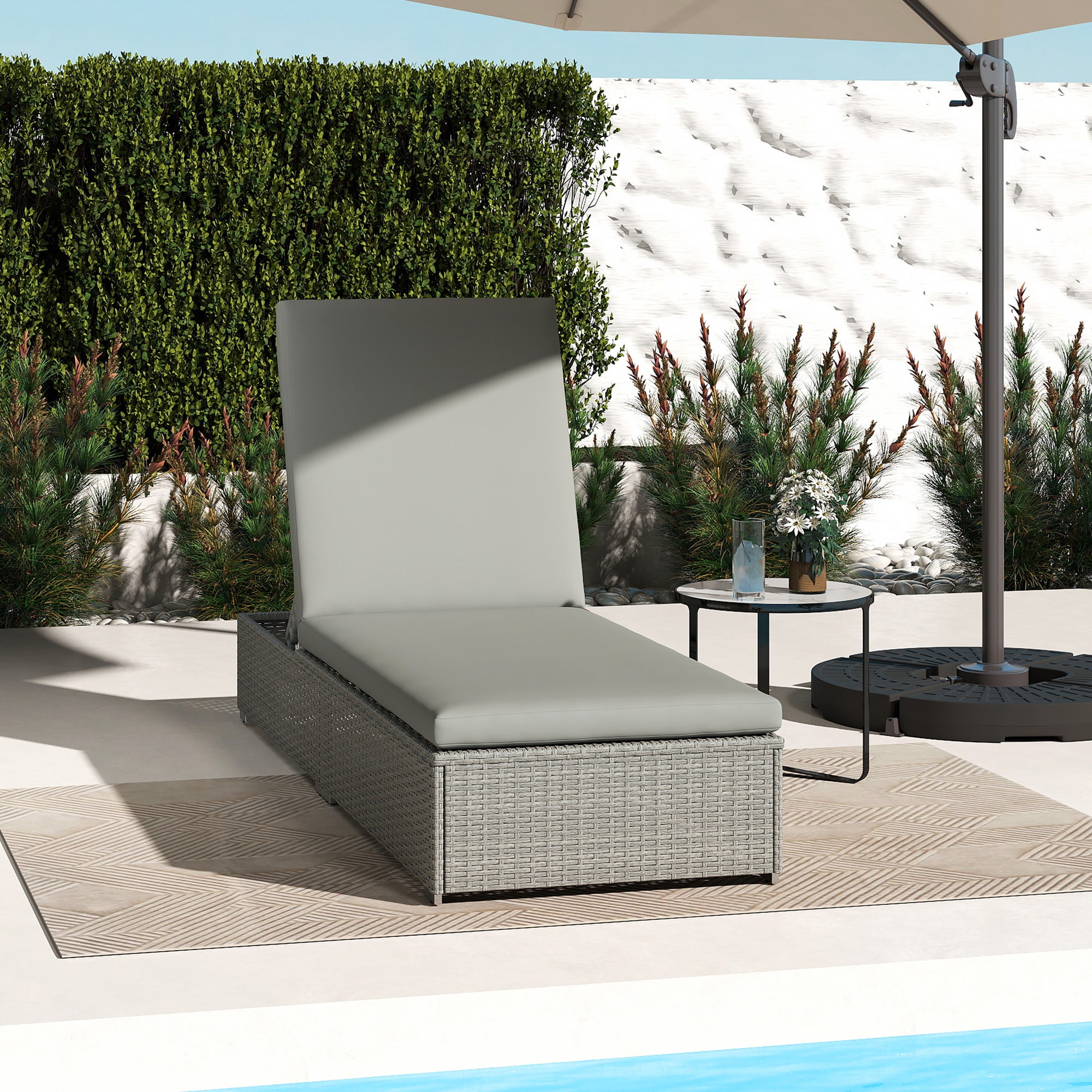 Rattan Sun Lounger, Five-Position Reclining Garden Lounger Bed with Cushion, Light Grey
