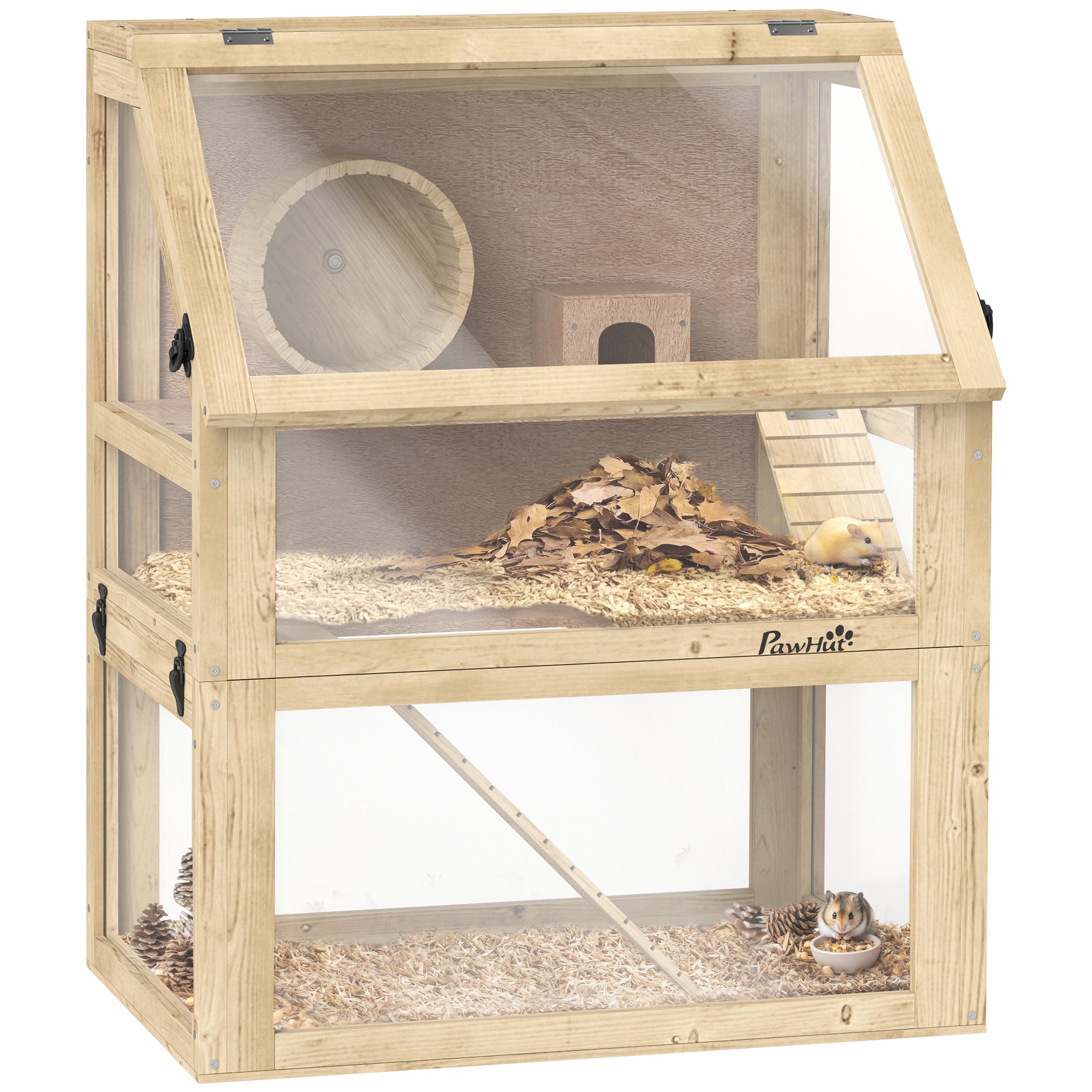 Wooden Hamster Cage with Detachable 32cm Deep Bottom, Hut, Seesaw, Exercise Wheel, Ramps, 60 x 40 x 75cm