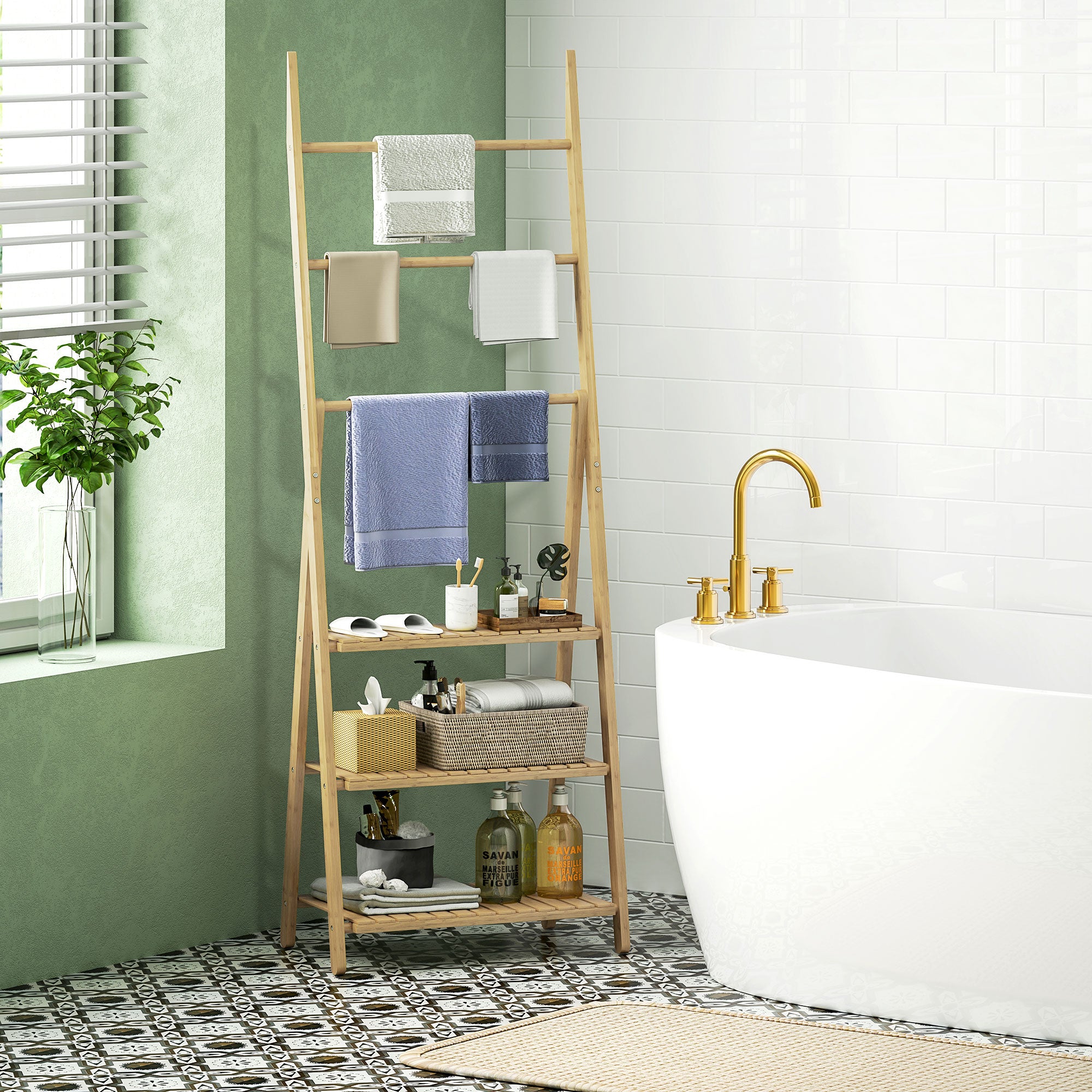 Three-Shelf Bamboo Bathroom Storage Unit with Towel Racks - Natural Finish