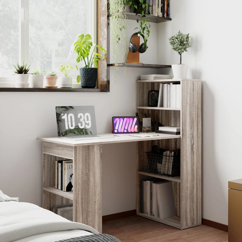 120cm Modern Computer Desk Bookshelf Study Table Workstation PC Laptop Writing Home Office 6 Shelves, Grey Wood-Effect