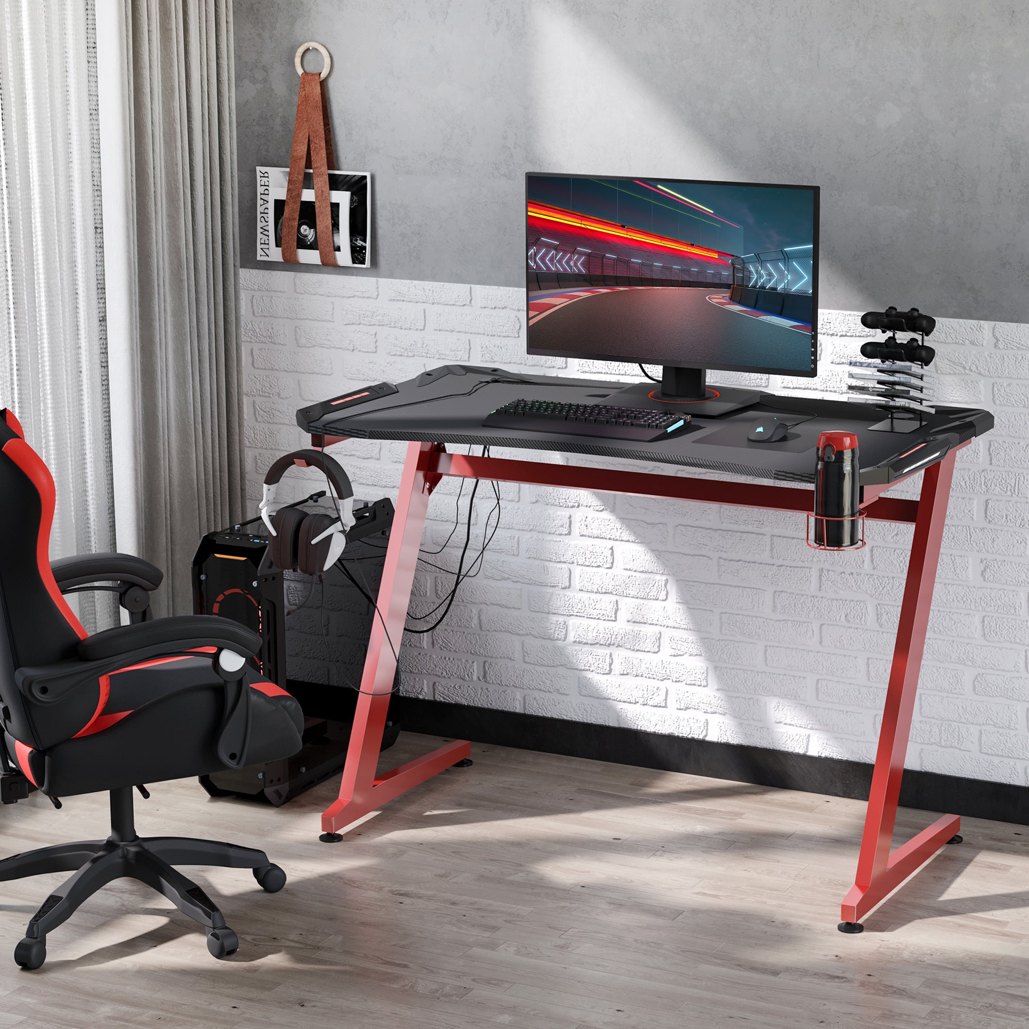 122 x 66 cm Gaming Desk, Carbon Fibre Covered Computer Desk, Gamer Workstation with Headphone Hook, Cup Holder and Gamepad Storage Rack, Black and Red