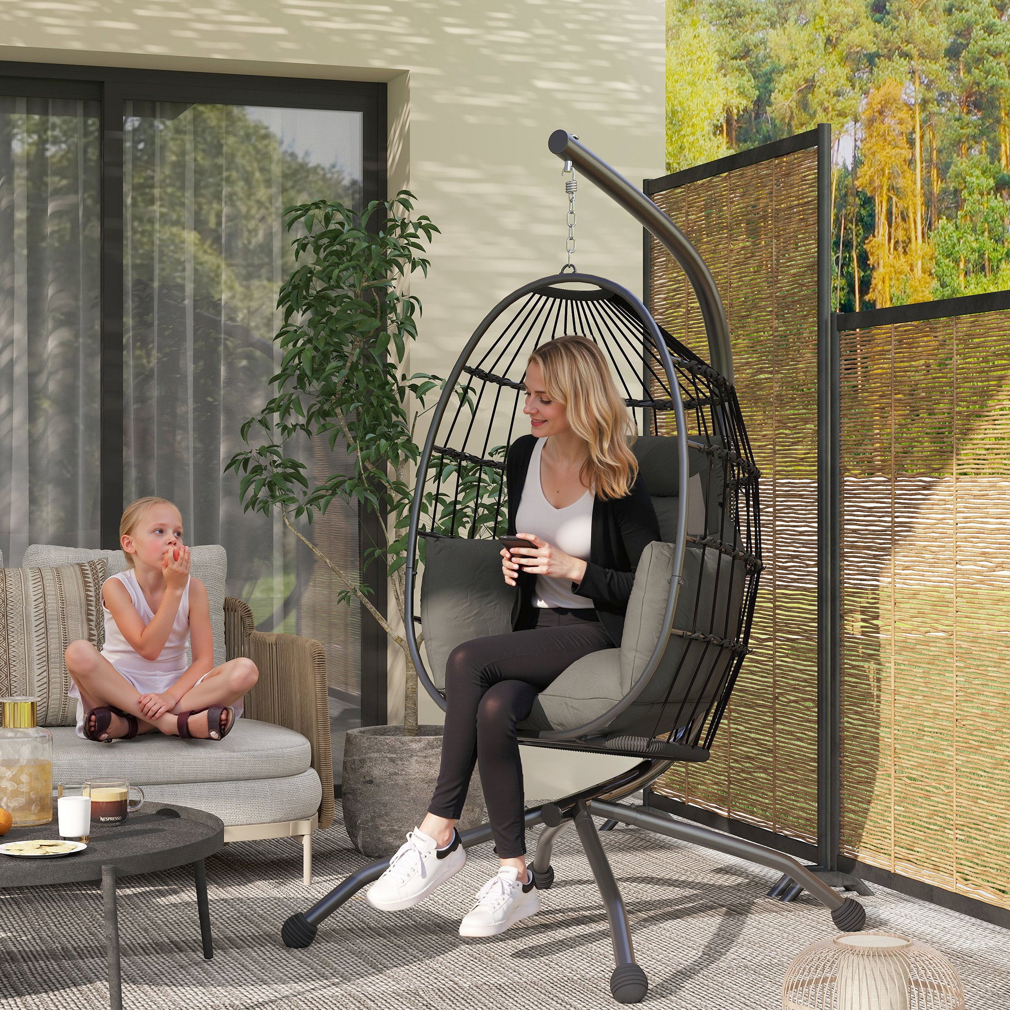 Hanging Egg Swing Chair with Folding Basket, Cushion, Headrest & Cup Holder for Indoor Outdoor Patio Garden - Dark Grey