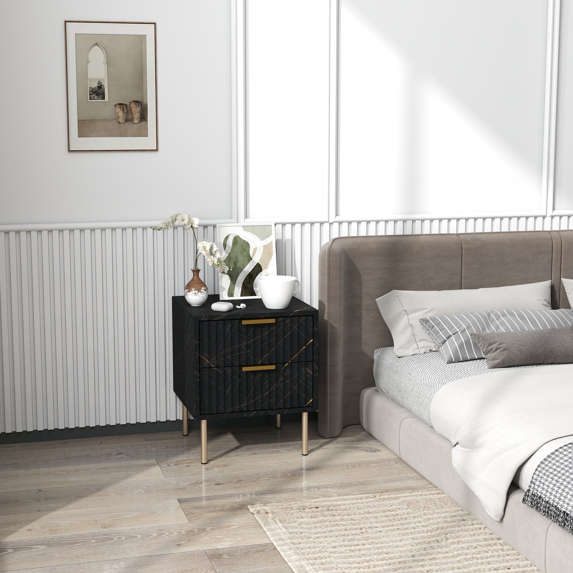 Elegant Two-Drawer Bedside Table with Marble Pattern and Gold Accents - Black
