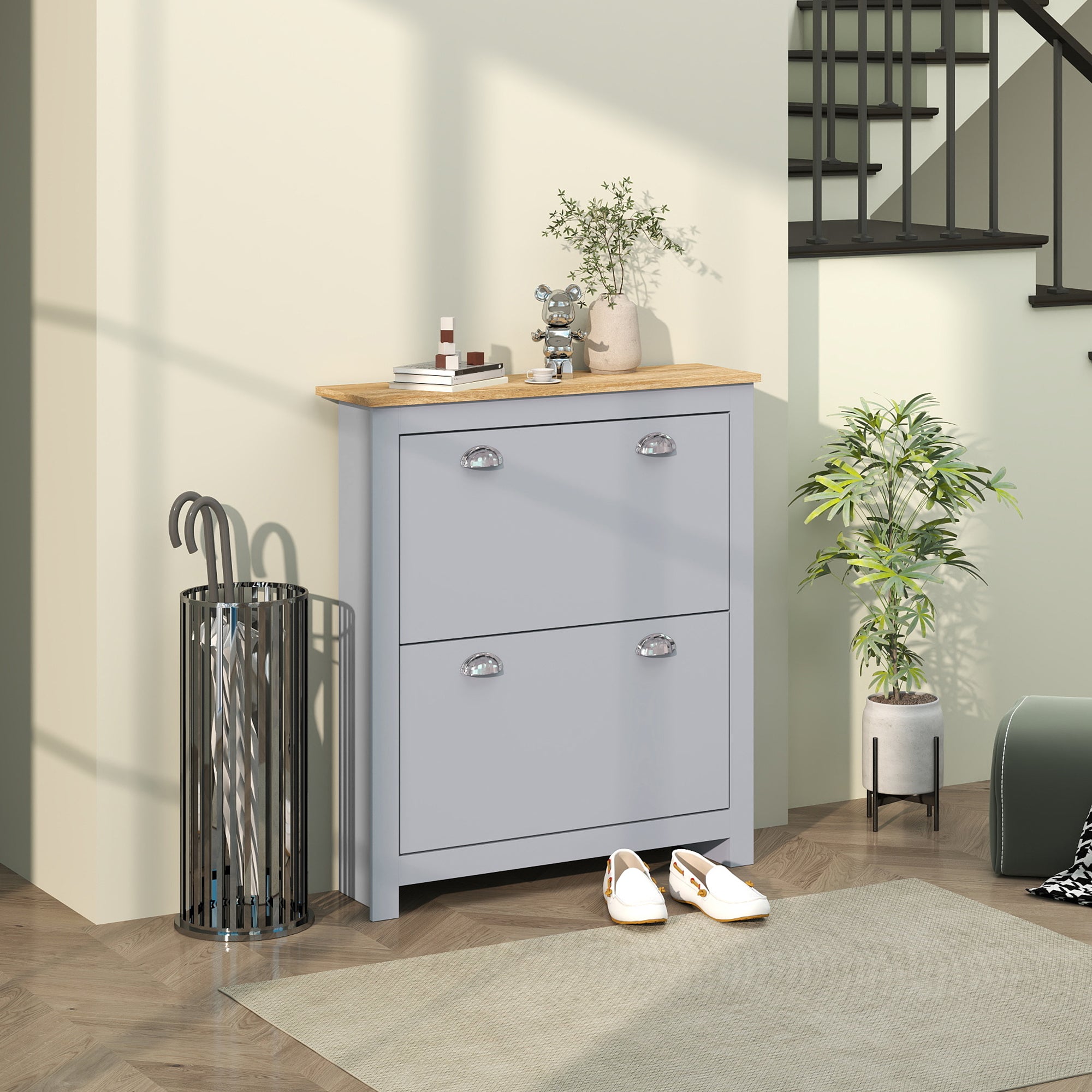2 Drawer Shoe Cabinet Modern Narrow Shoe Cupboard Hallway Wooden Storage Organiser with Flip Doors Adjustable Shelf for 6-12 Pairs, Grey
